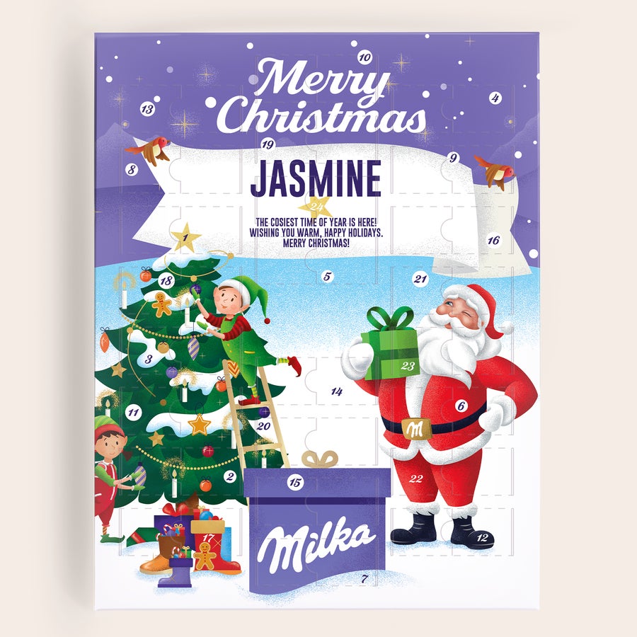 Calendario de Adviento - Milka Favourites Calendario de adviento personalizado con el nombre "JASMINE" impreso, tema navideño con Papá Noel y elfos, Milka.