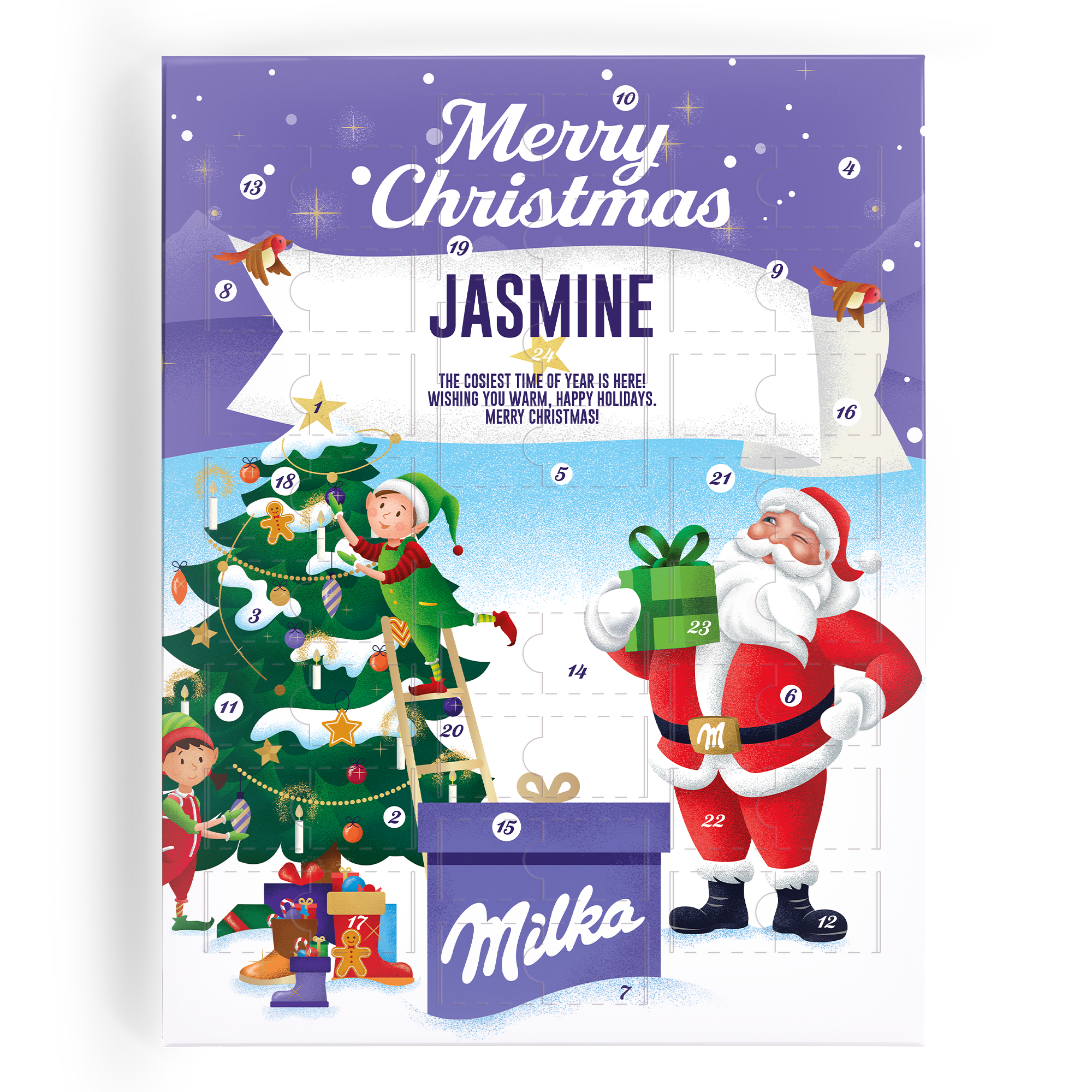Calendário do advento Milka personalizado com o nome JASMINE para fazer a contagem regressiva para o Natal