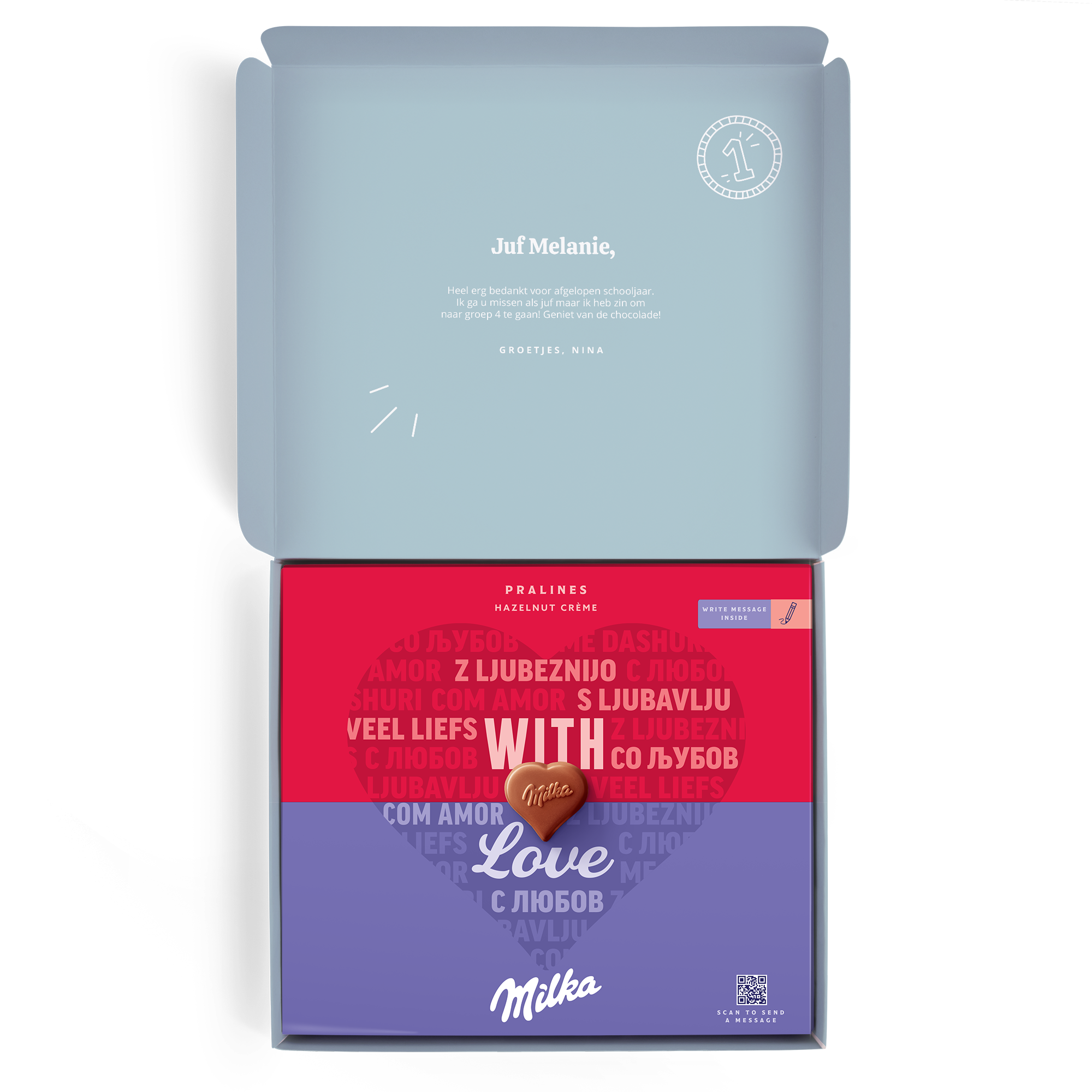 Milka giftbox met chocolade pralines, gepersonaliseerd met de naam "Juf Melanie" en een bericht van "Nina".