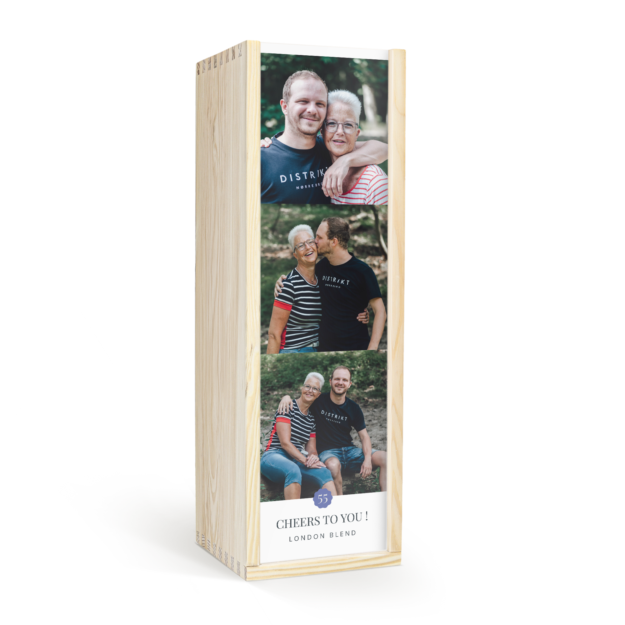 A personalized wooden case for Graham's The Tawny Reserve with three printed photos and the text Cheers To You! London Blend.