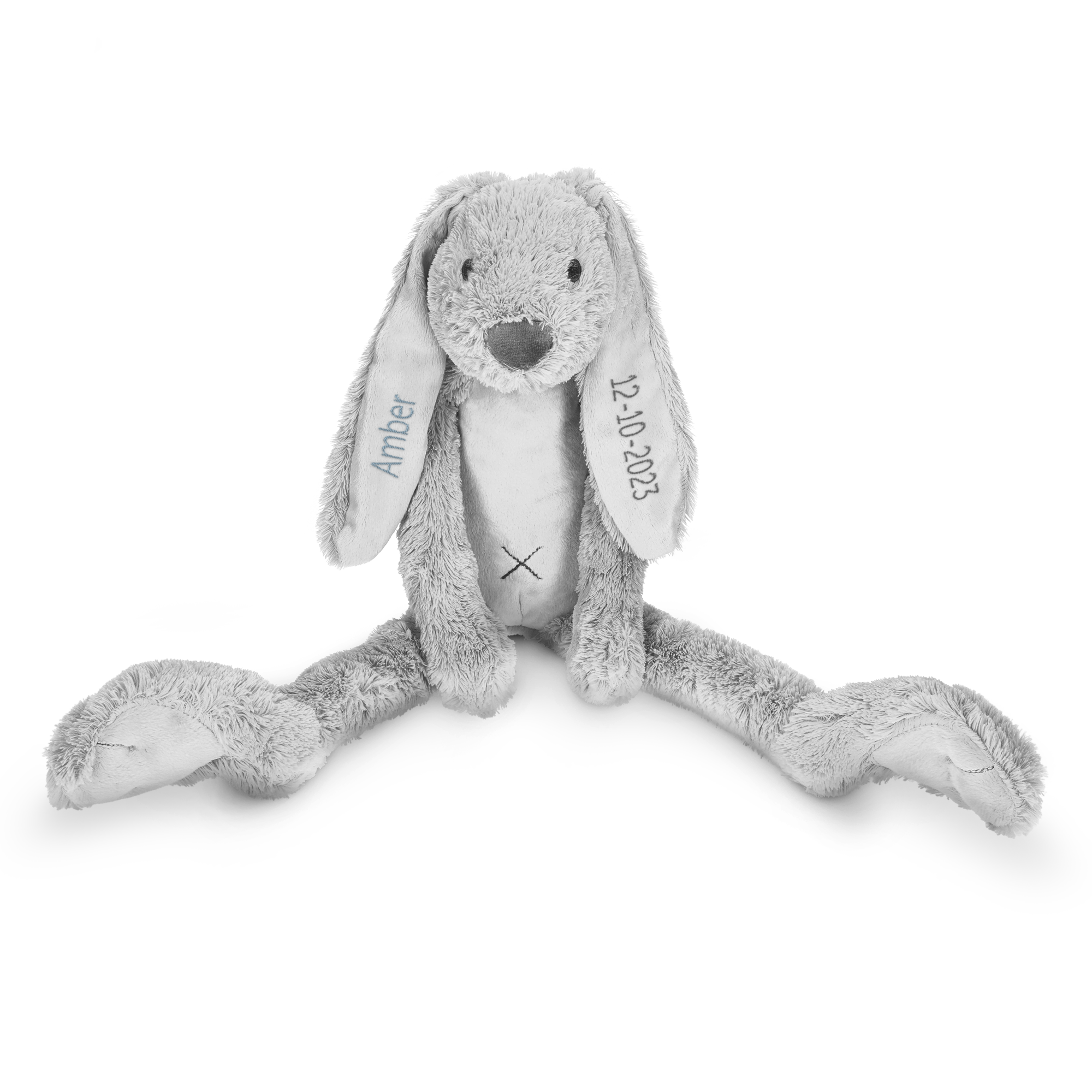 Zacht Happy Horse knuffelkonijn Richie, grijs, geborduurd met de naam Amber en de datum 12-10-2023 op de oren.