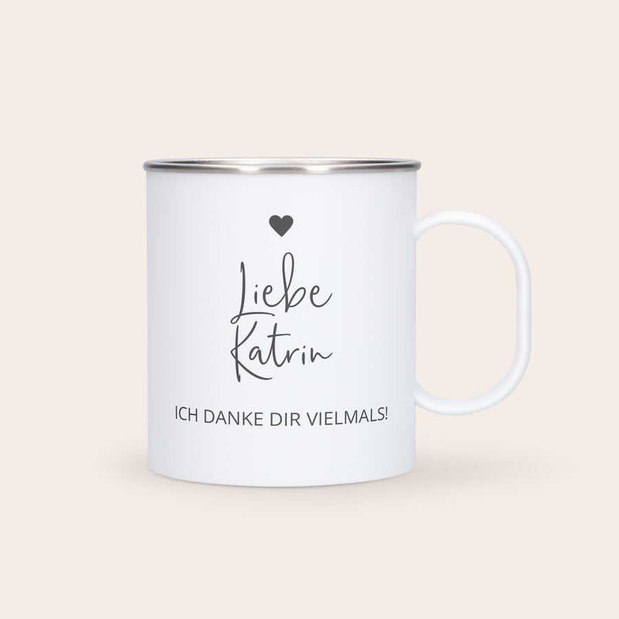 Edelstahl Tasse Personalisiert Eine extra leichte Tasse aus rostfreiem Stahl, bedruckt mit dem Namen Katrin und der Nachricht "Ich danke dir vielmals!"