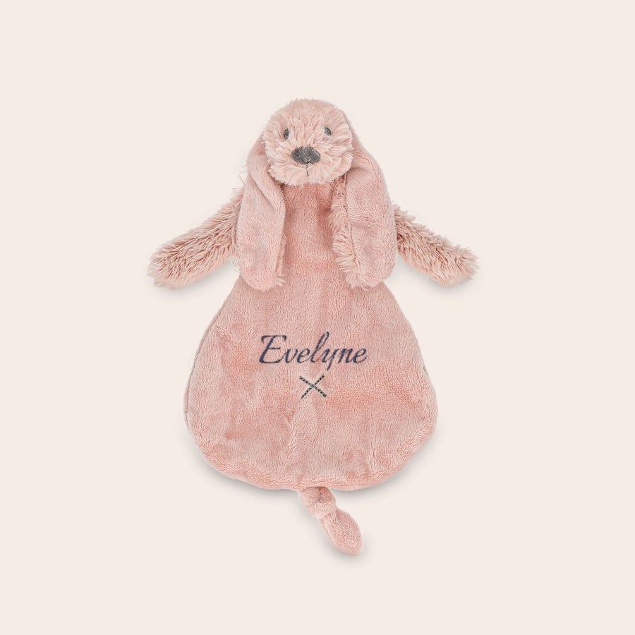 Doudou personnalisé pour bébé - Happy Horse Doudou pour bébé en forme de lapin rose clair personnalisé, brodé du prénom Evelyne.