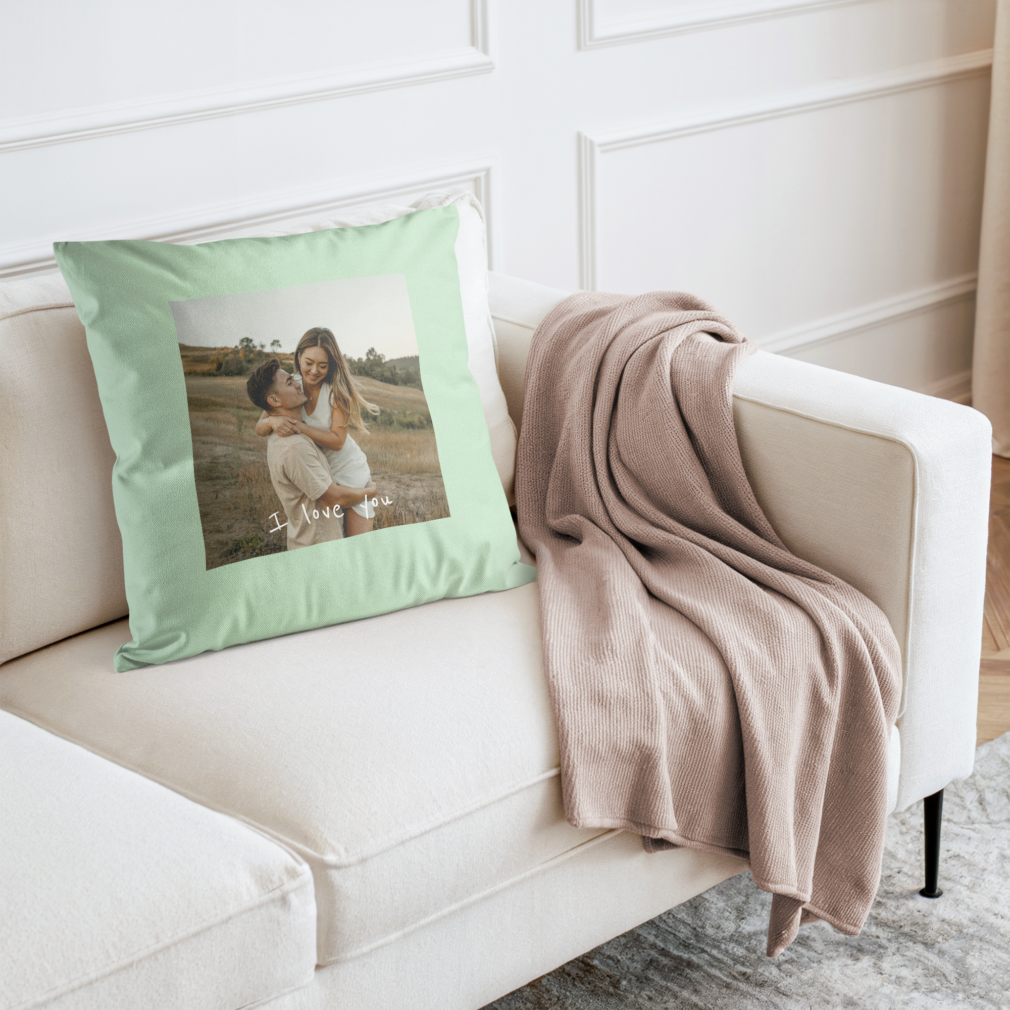 Mint green personalised cushion cover with a printed photo of a couple and I love you text