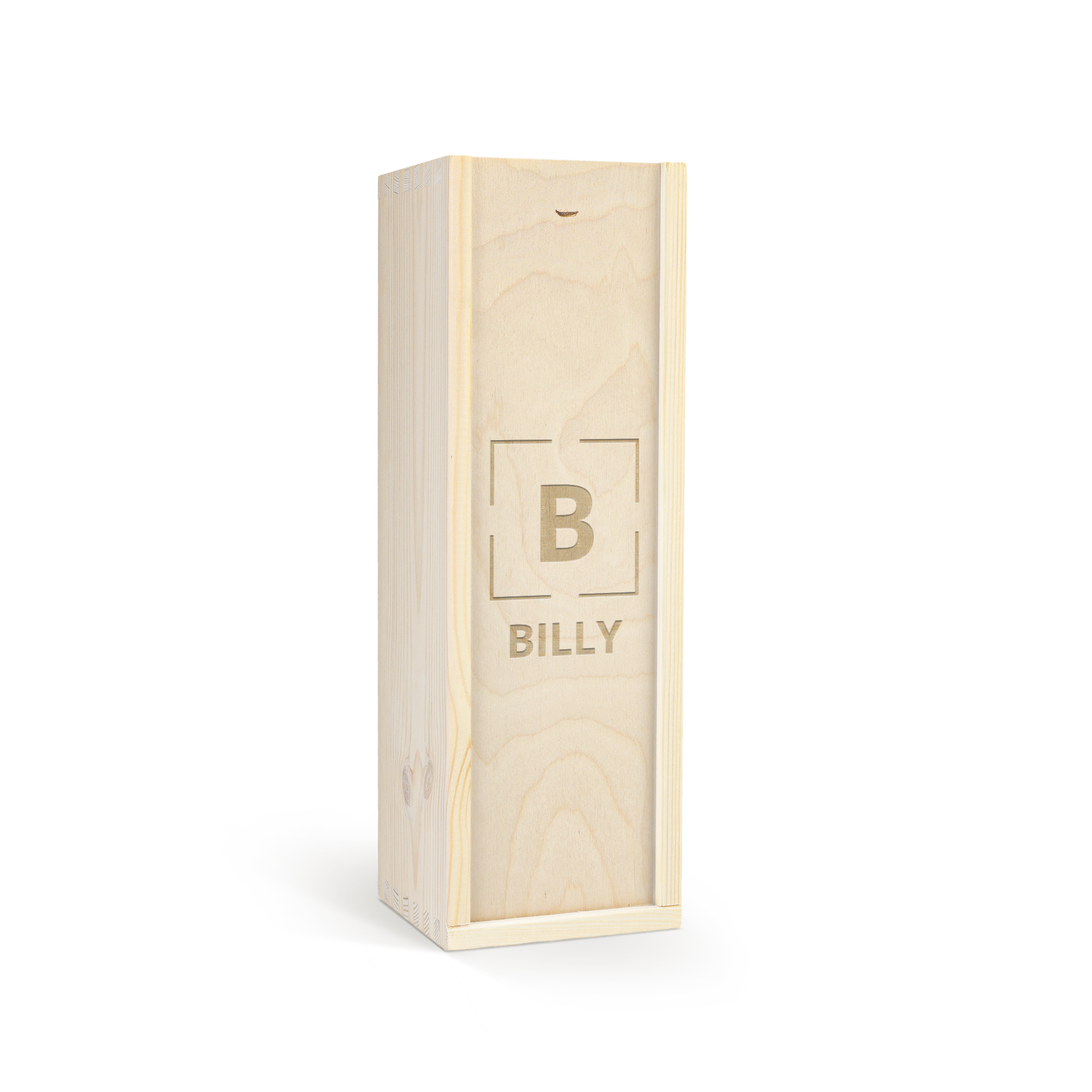 Cassetta di legno personalizzata con incisione laser di una B in cornice e il nome Billy per un Prosecco Riondo