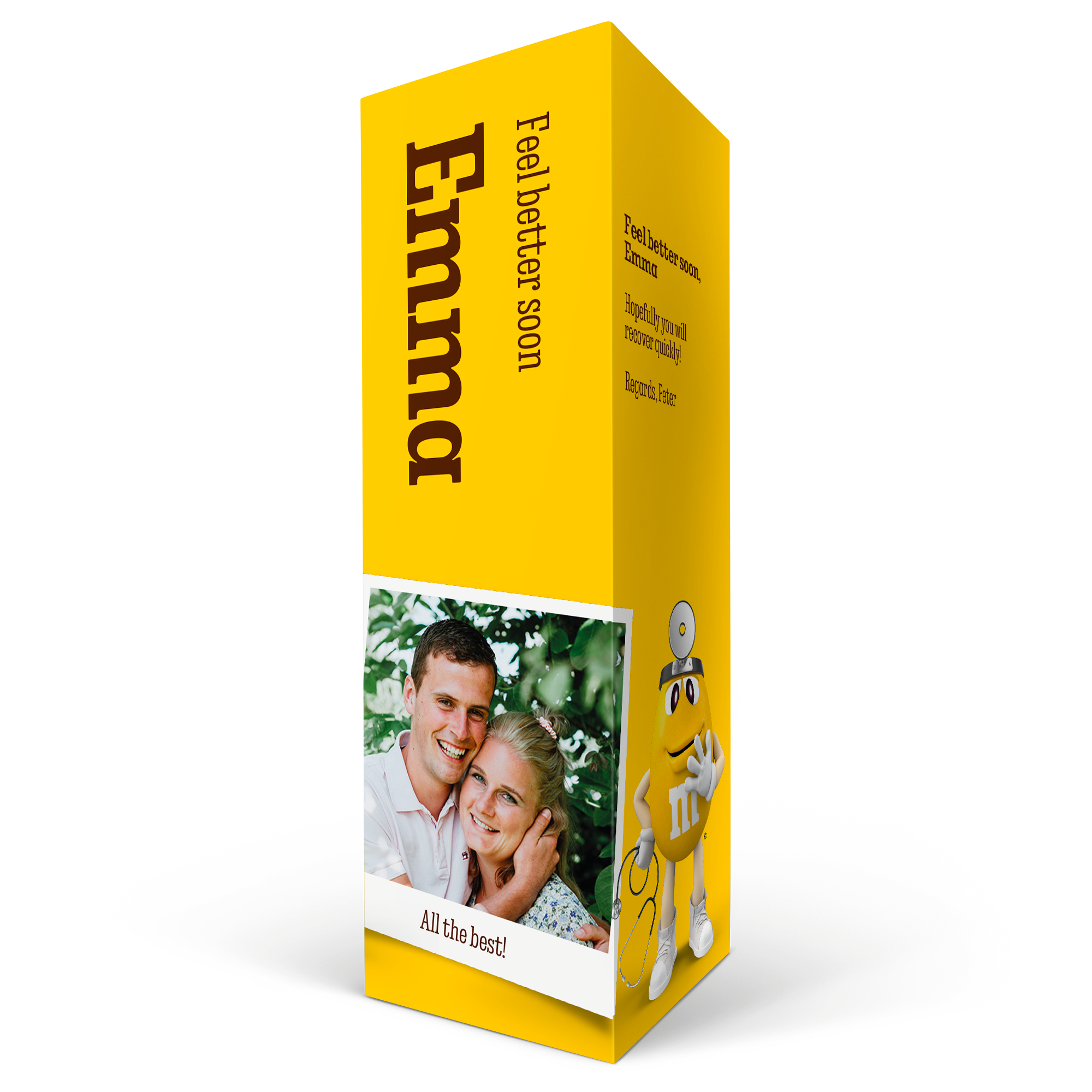 Caja regalo personalizada de M&M's amarilla con foto de pareja, mensaje 