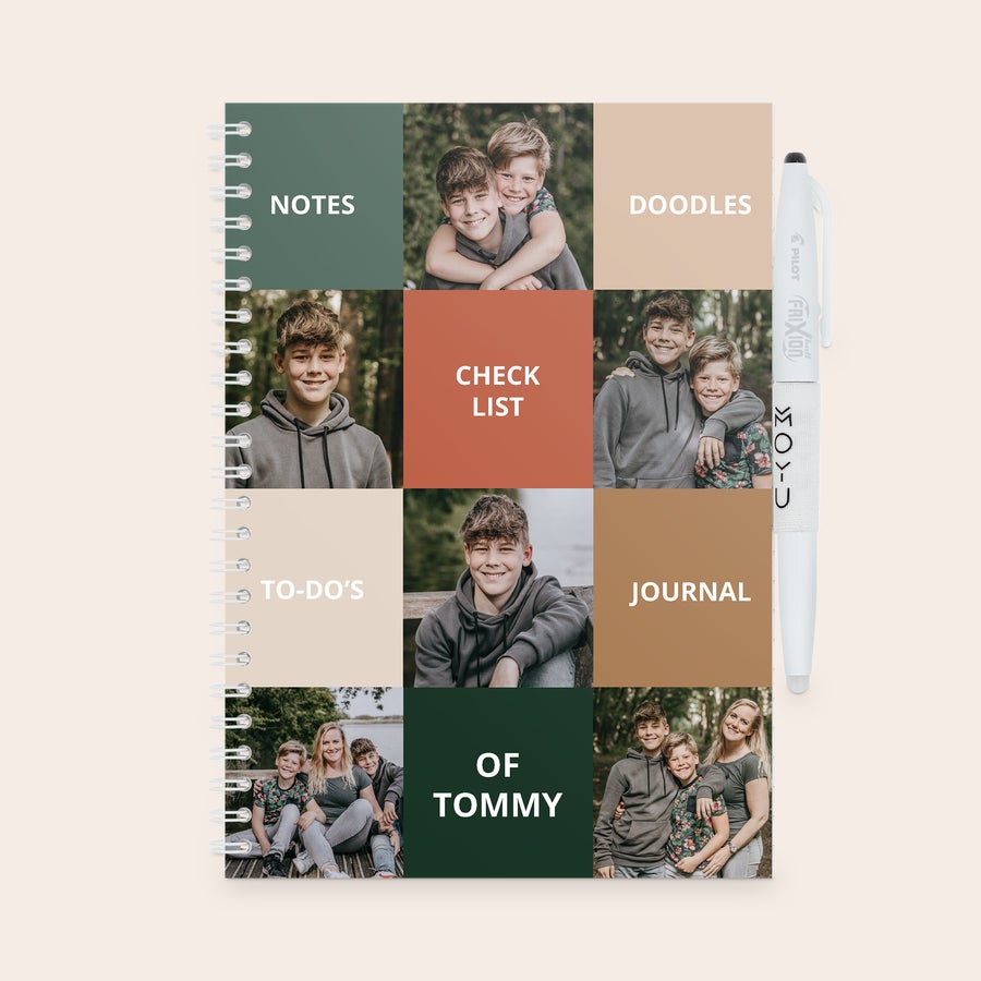 Personlig MOYU Erasable Notebook Personlig MOYU-slettbar notatbok med spiralrygg, trykt med ni bilder og tekst som "NOTES", "CHECK LIST" og "OF TOMMY".