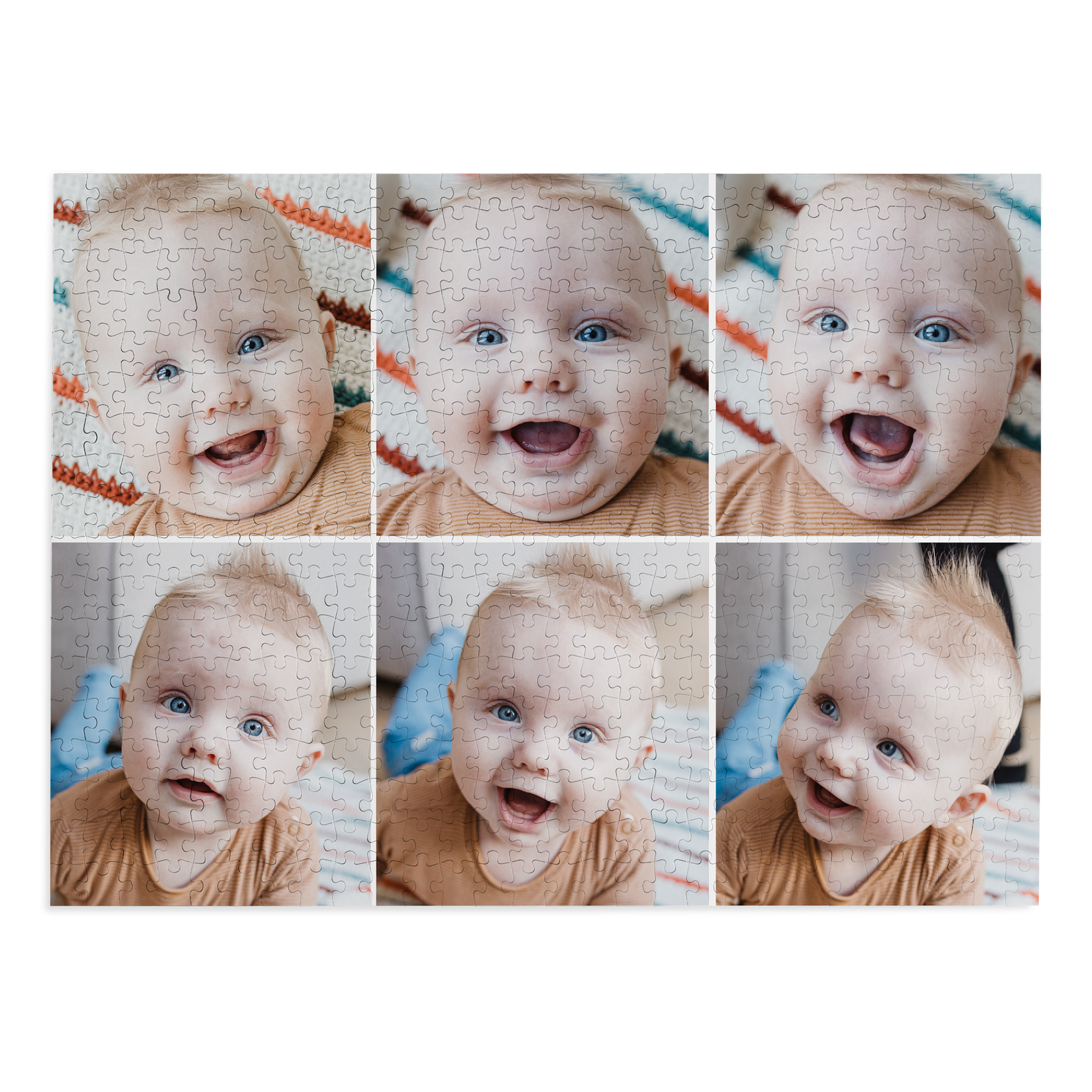 Personlig puslespill med bilde av en baby med blå øyne, trykt med egendefinert foto og tekst