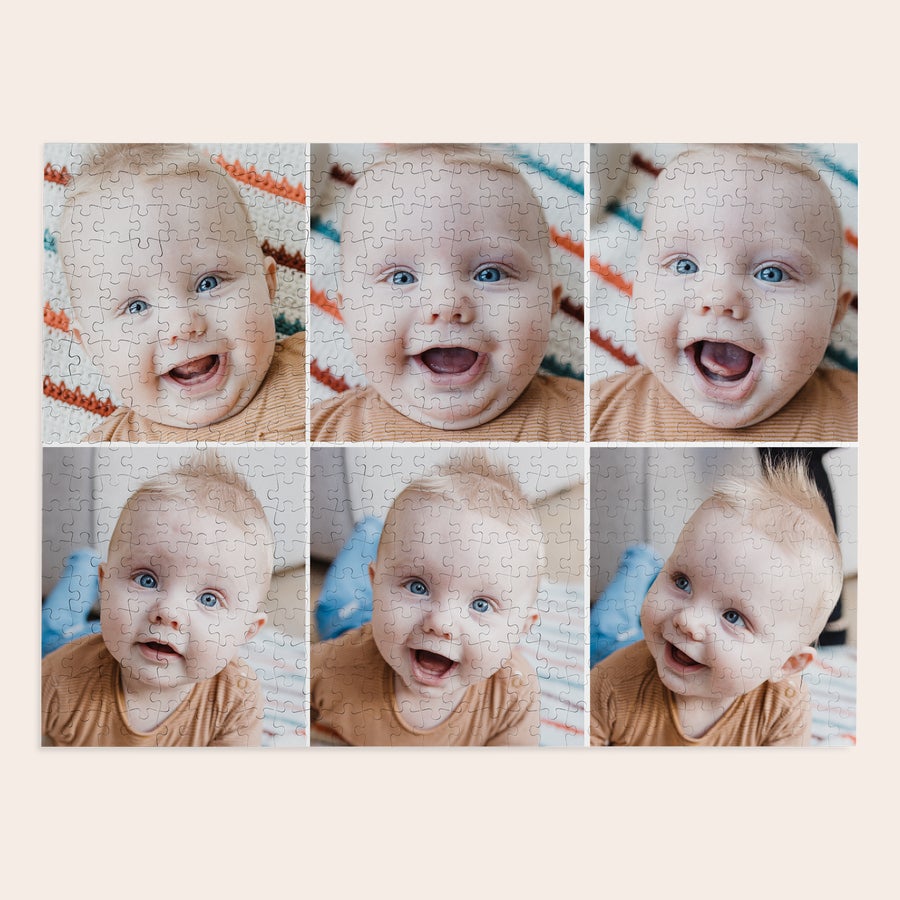 Pussel med egen bild Personligt pussel med babyfoto, tryckt med flera bilder av en glad bebis med blå ögon, perfekt för att överraska nära och kära.