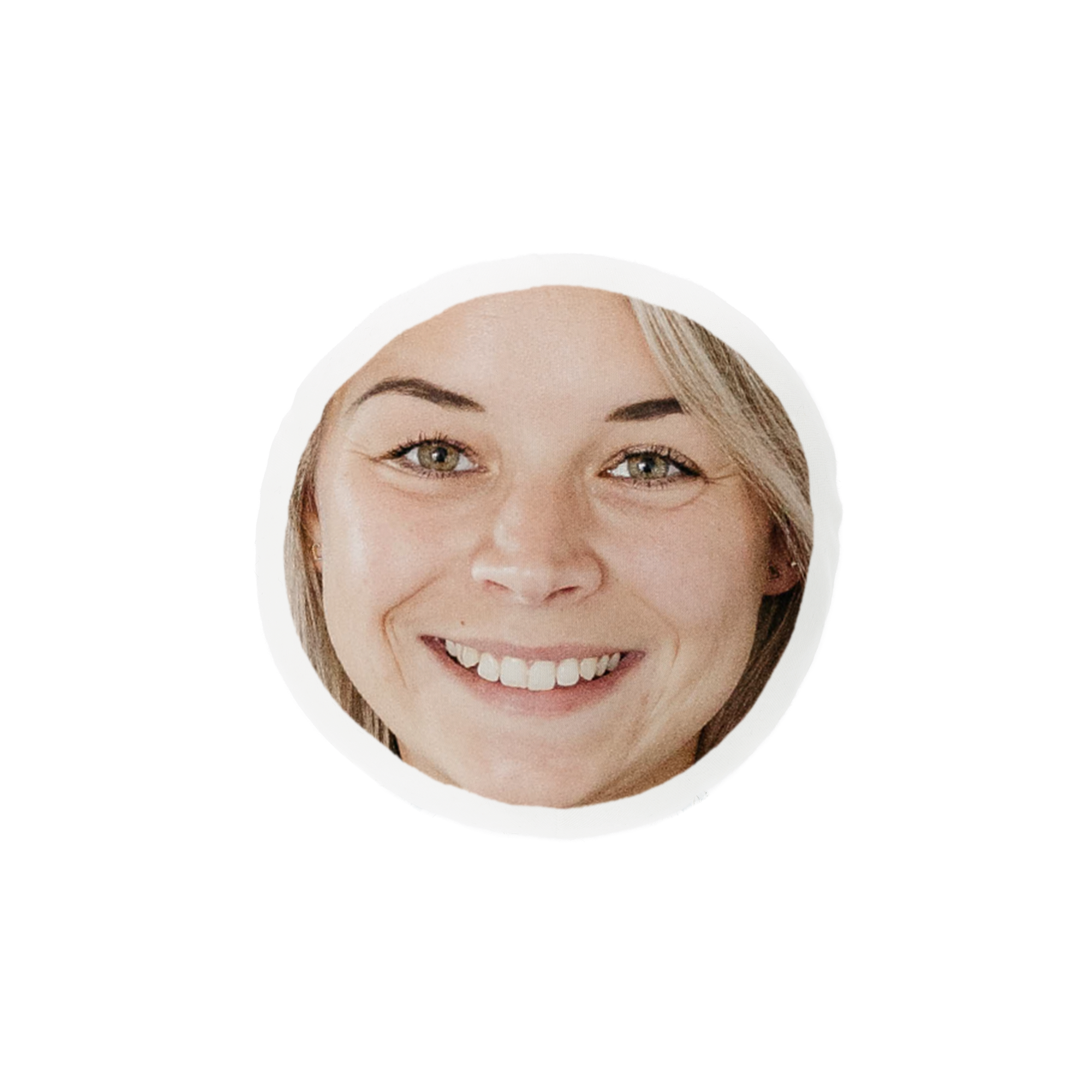 Cabeza ItsieMe extraíble para peluche con foto de mujer rubia sonriente, personalizada para tu osito ItsieMe.