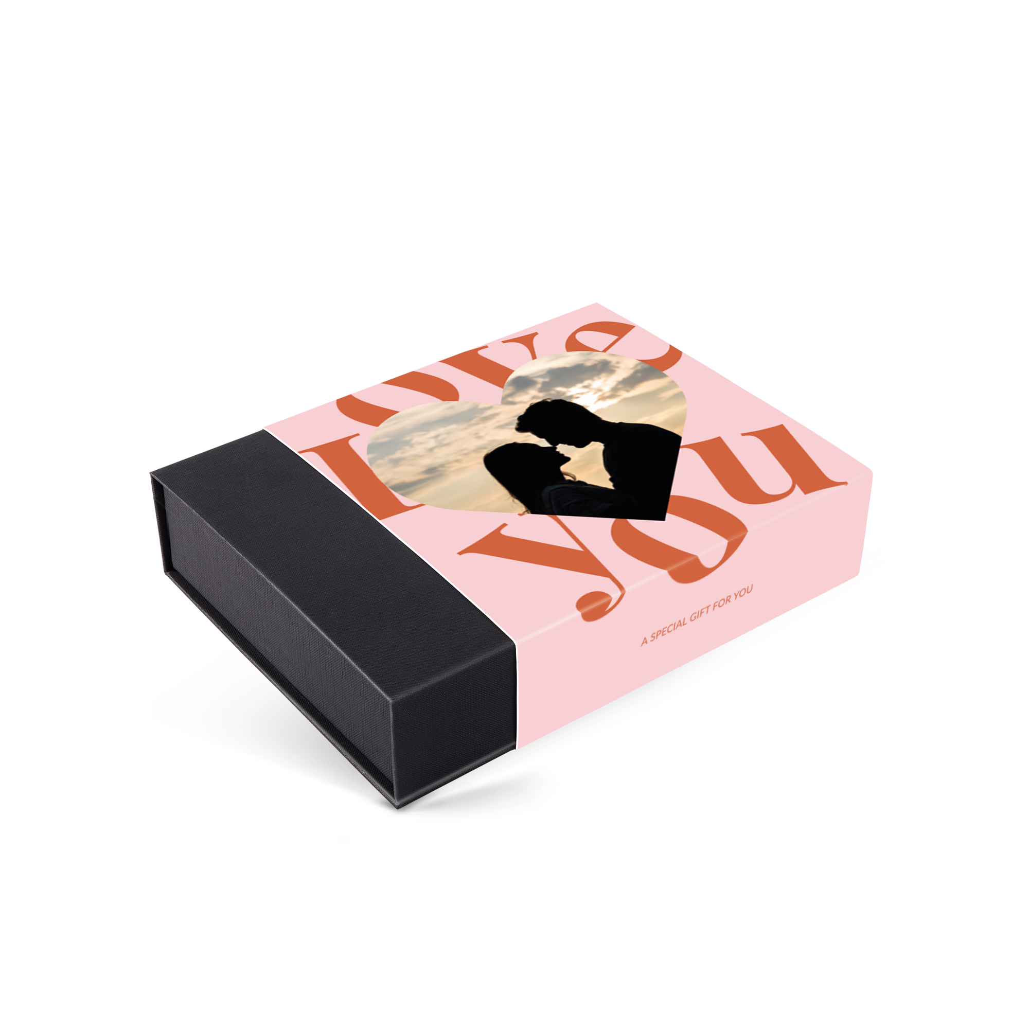 Caja de chocolates personalizados para San Valentín con funda impresa a color y foto de una pareja.