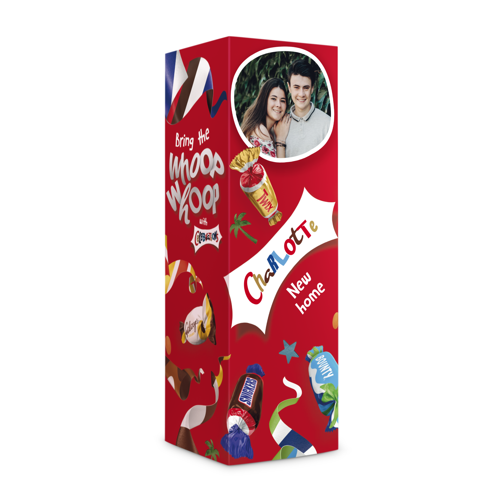 Red Celebrations champagne bottle with a personalized photo of a couple and the name Charlotte, new home printed on it