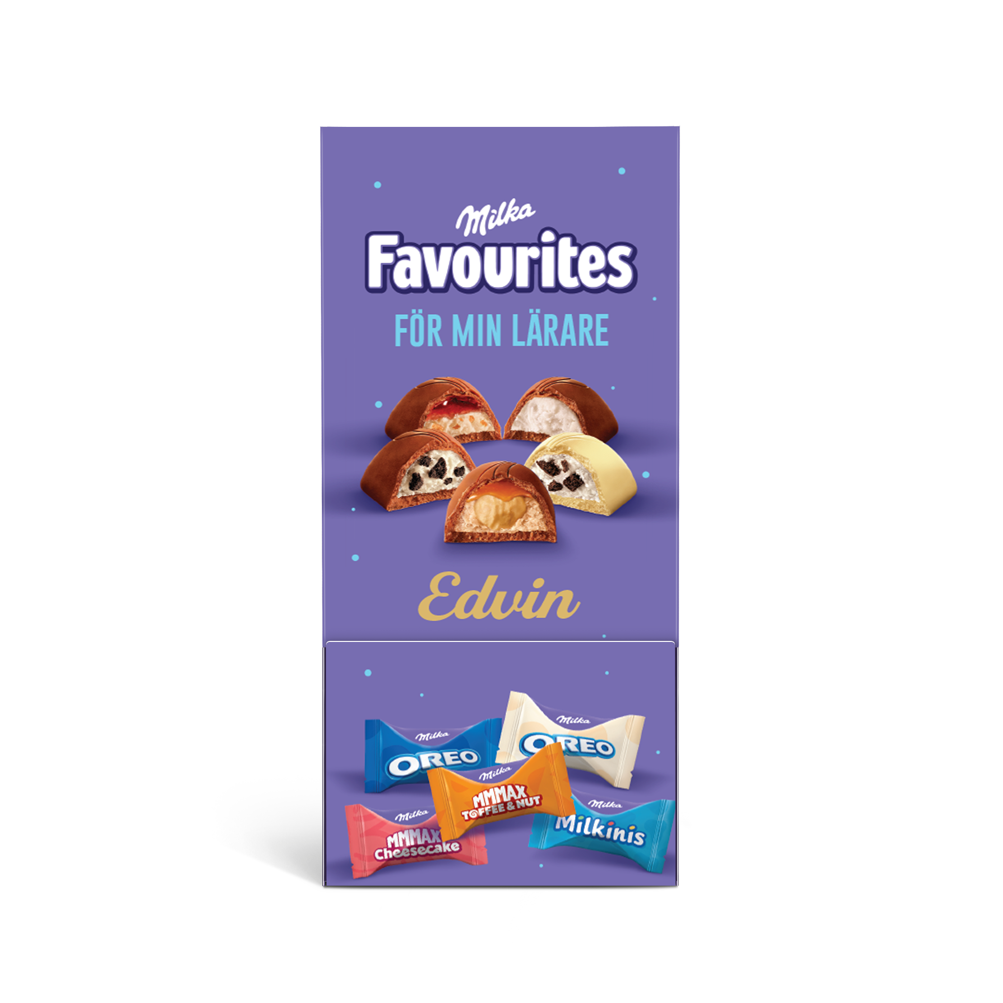 Personlig Milka Favorites chokladdispenser med texten "FÖR MIN LÄRARE" och namnet Edvin.