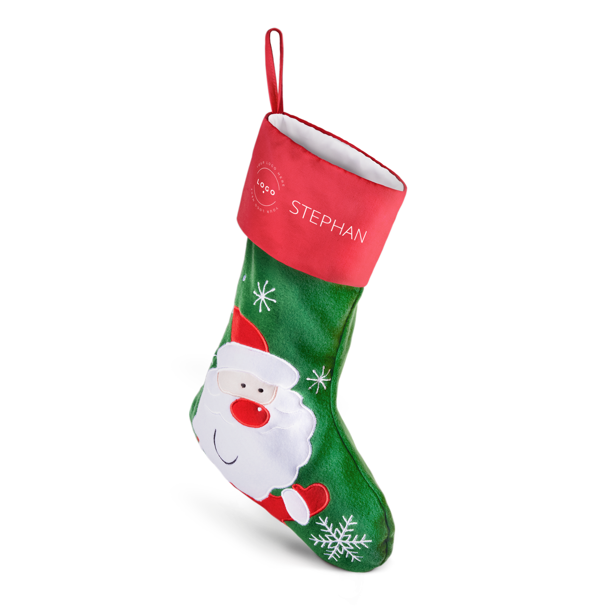 Vánoční punčocha na stromek, zelená s motivem Santa Clause a jménem Stephan vytištěným na červeném okraji.