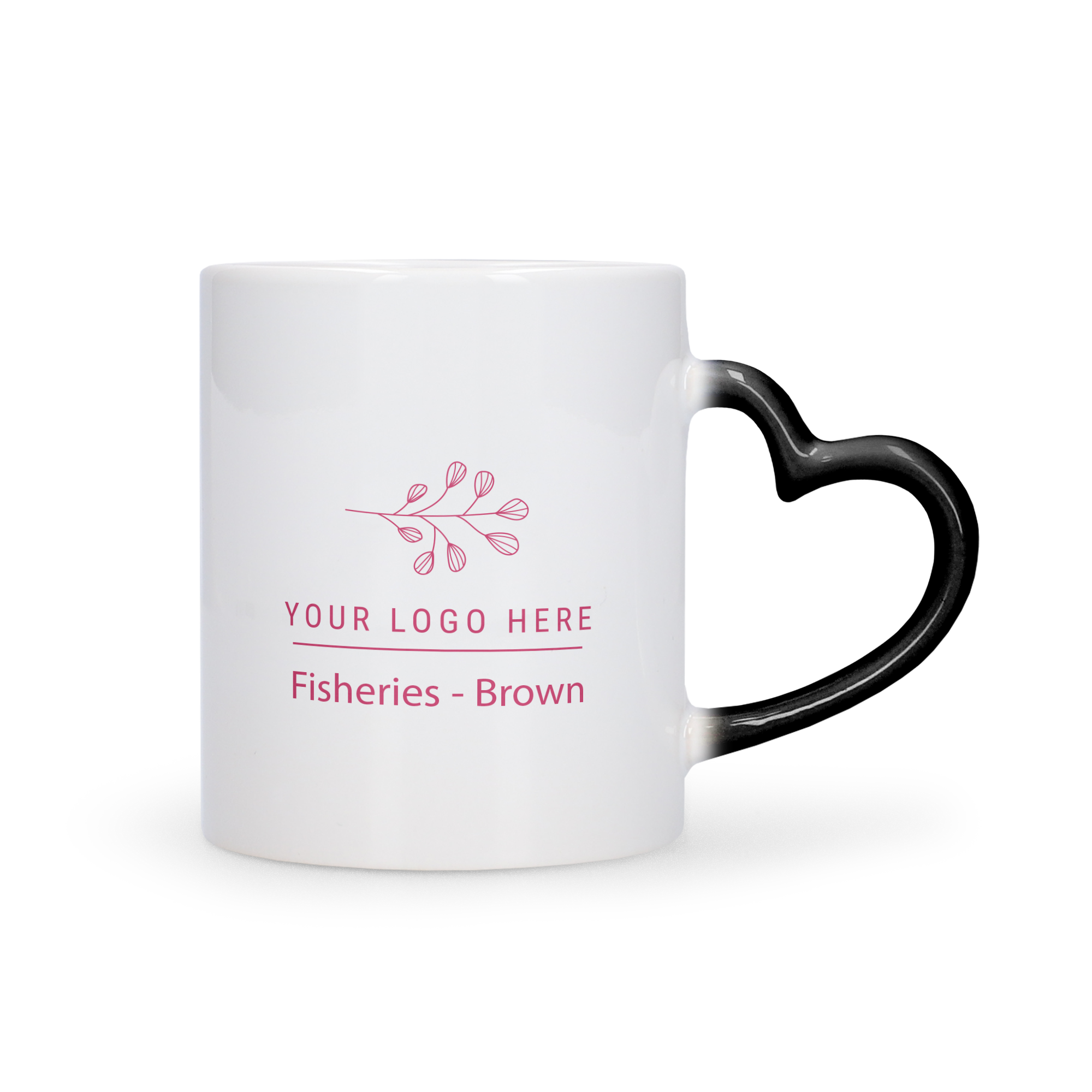 Bílý potištěný magický hrnek se srdíčkovým uchem s vlastním designem loga "Fisheries - Brown"