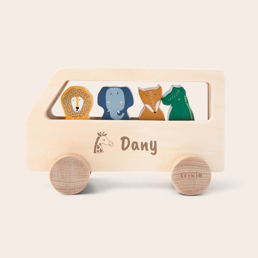 Bus animaux en bois personnalisé - Trixie Bus à animaux en bois avec nom Dany gravé, lion, éléphant, renard et crocodile pour des heures de jeu