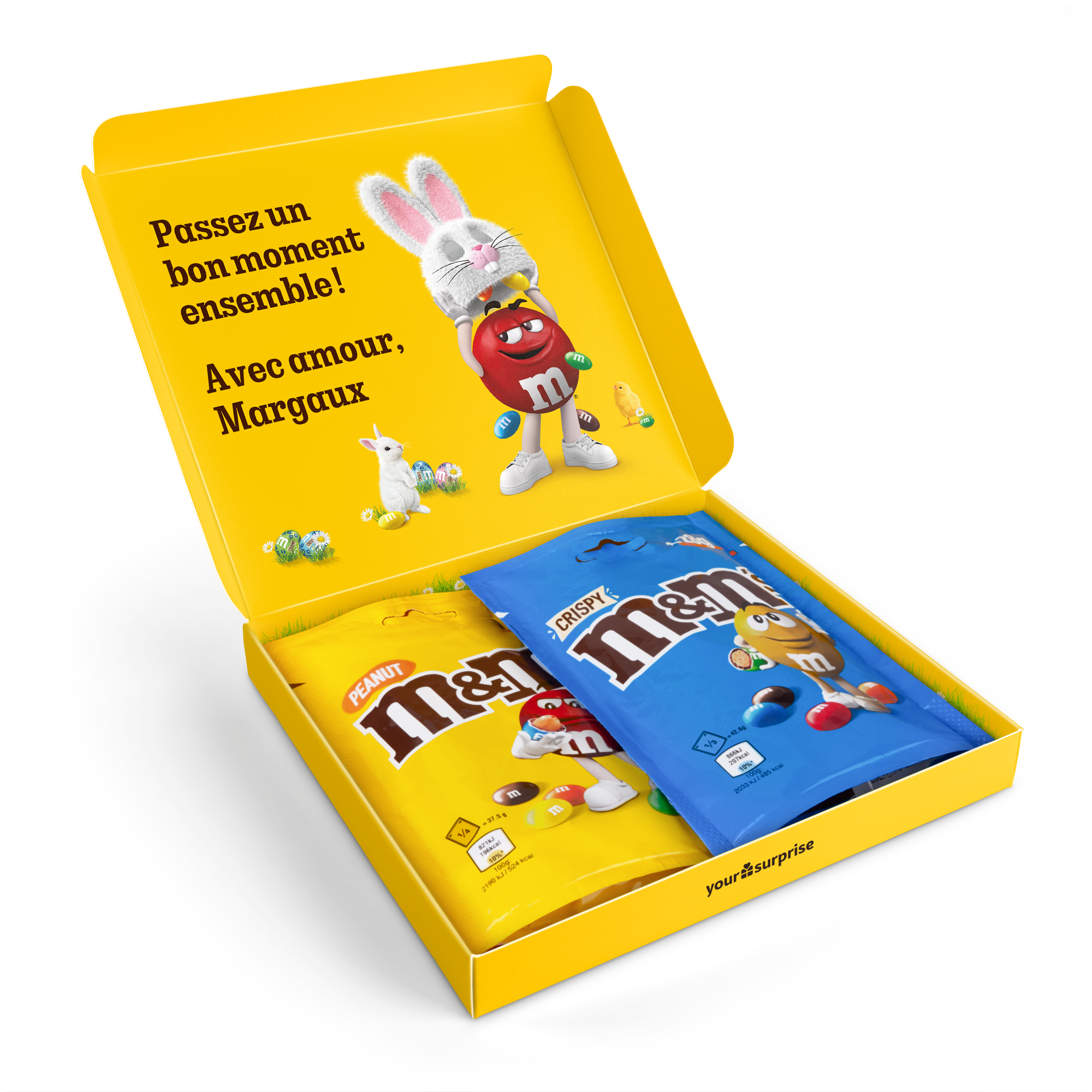 Coffret cadeau M&Ms personnalisé avec 2 sachets de chocolats et le texte imprimé 