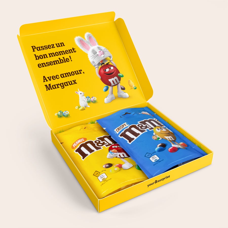 Coffret cadeau M&M's personnalisé Coffret cadeau M&Ms personnalisé avec 2 sachets de chocolats et le texte imprimé