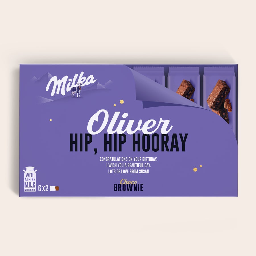 Milka Brownies Caja de regalo personalizada Milka Choco Brownie con nombre Oliver y mensaje de cumpleaños impresos.