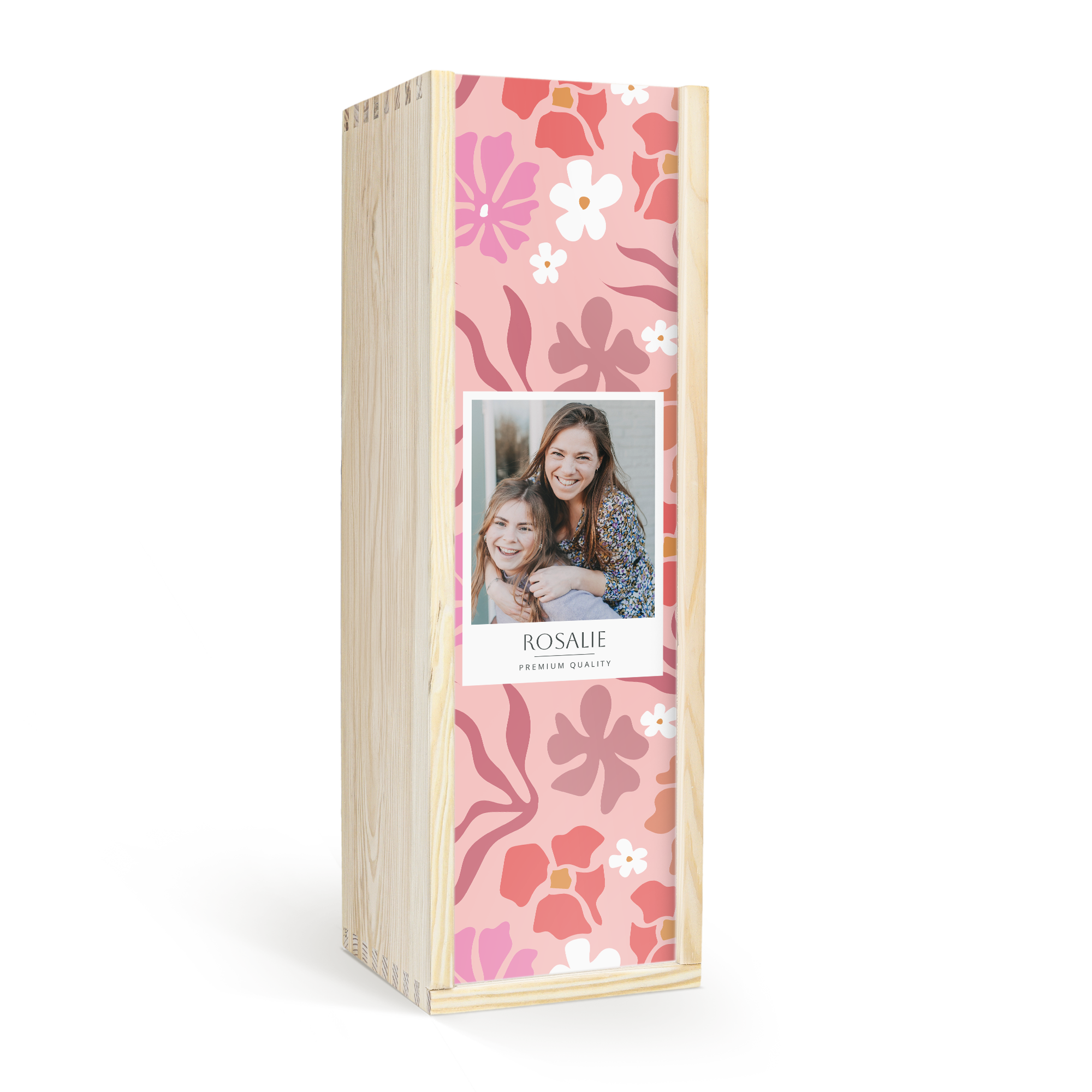 Lesena torbica z natisnjeno rožnato cvetlično obrobo in personalizirano fotografijo deklice z žensko ter imenom Rosalie.