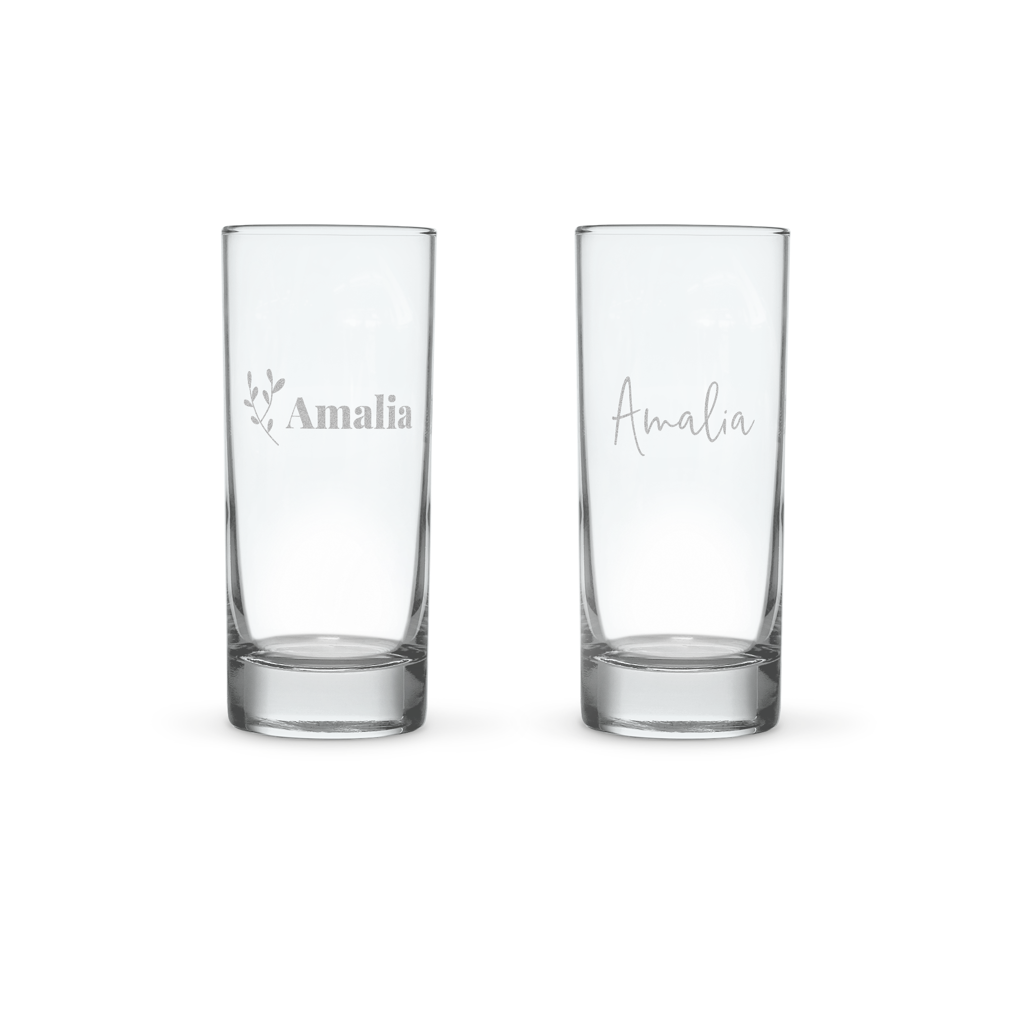 To graverte longdrinkglass med navn Amalia, den ene med et blomstermotiv.