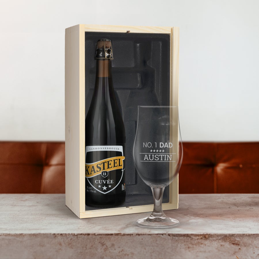 Birra Personalizzata - Cuveé du Chateau Set regalo birra Kasteel Cuvée in scatola di legno con bicchiere inciso “NO 1 DAD AUSTIN”