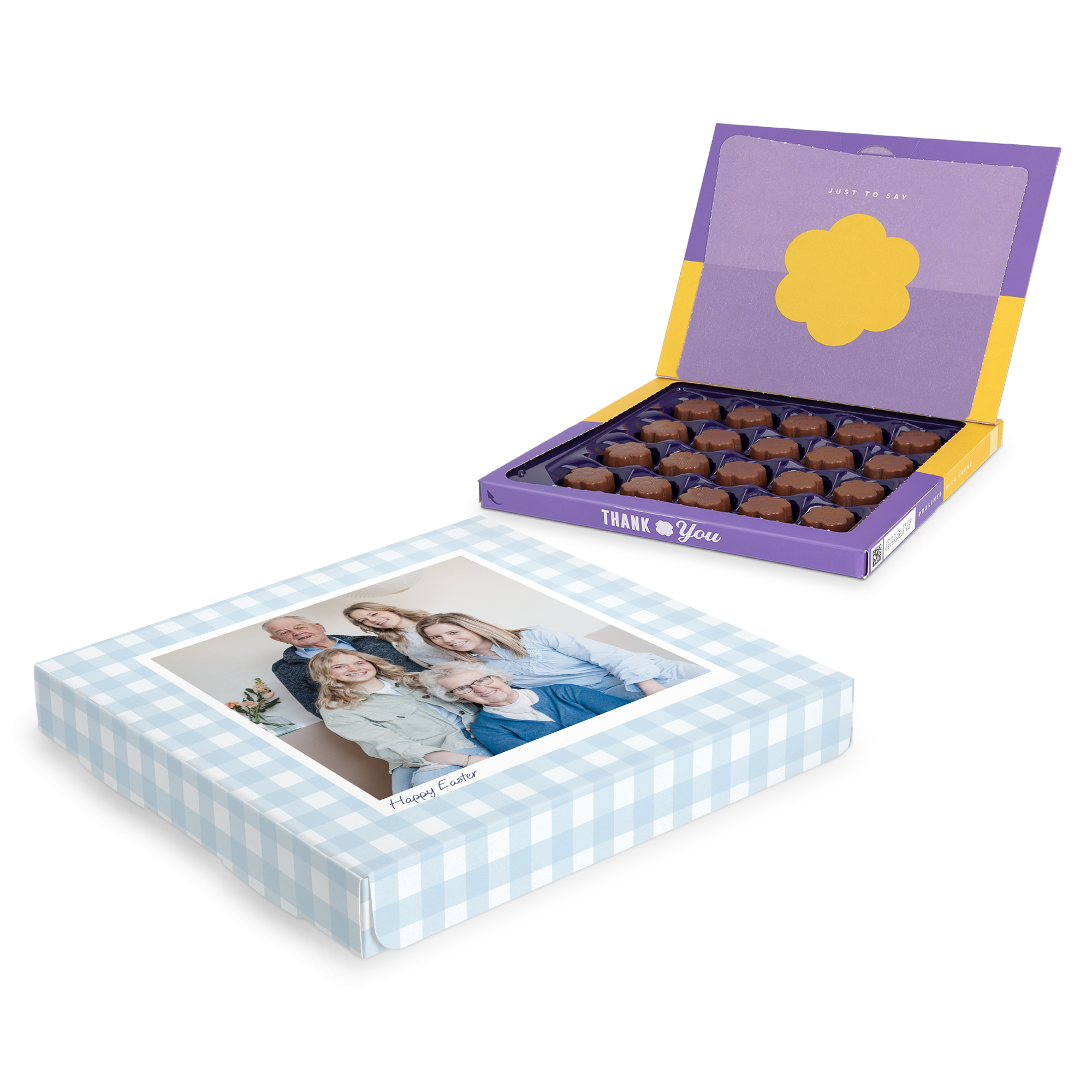 Confezione regalo Milka personalizzata con foto di famiglia, motivo a quadri azzurro e scritta Happy Easter, per Pasqua