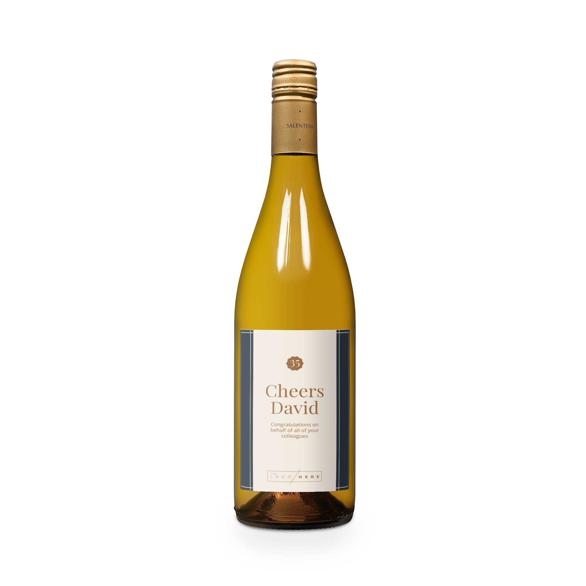 Salentein Chardonnay with a custom printed photo and text label that says Cheers David