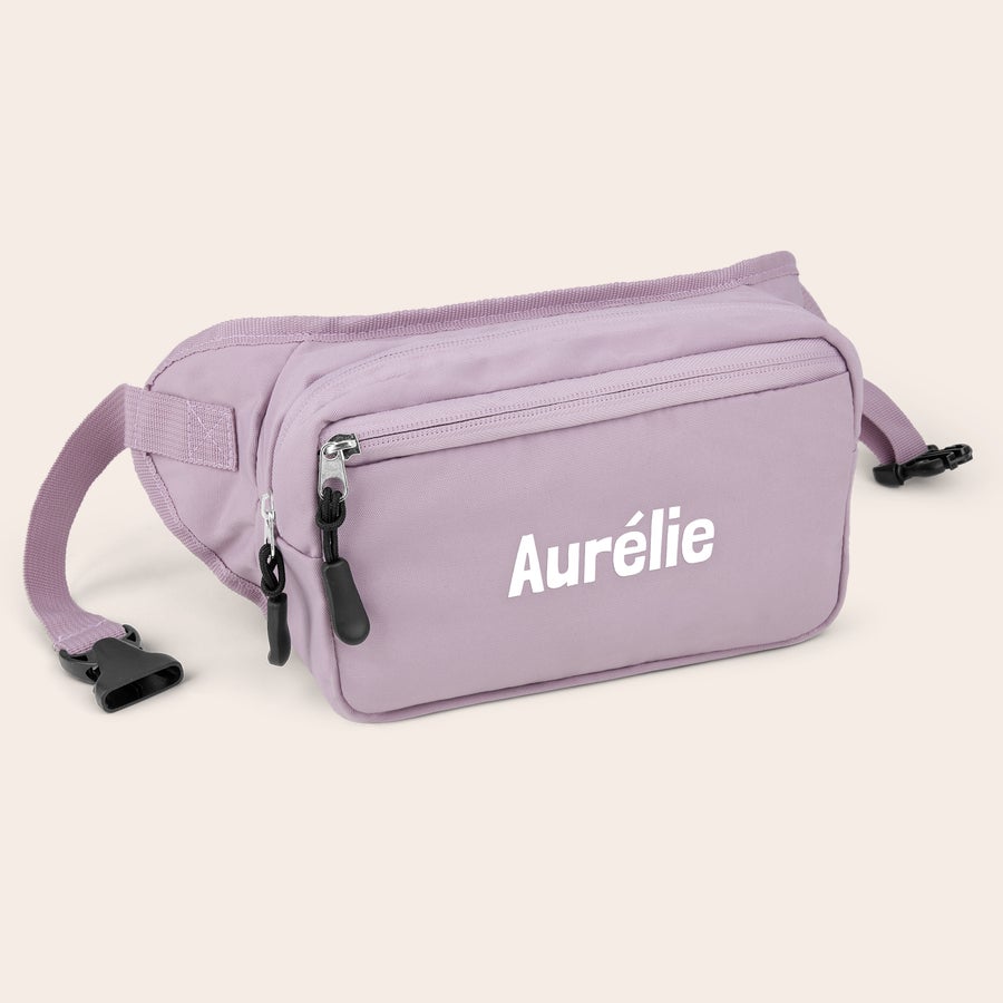 Sac banane personnalisé Sac banane lilas personnalisé avec le prénom Aurélie imprimé en blanc, tout à portée de main avec un imprimé personnalisé