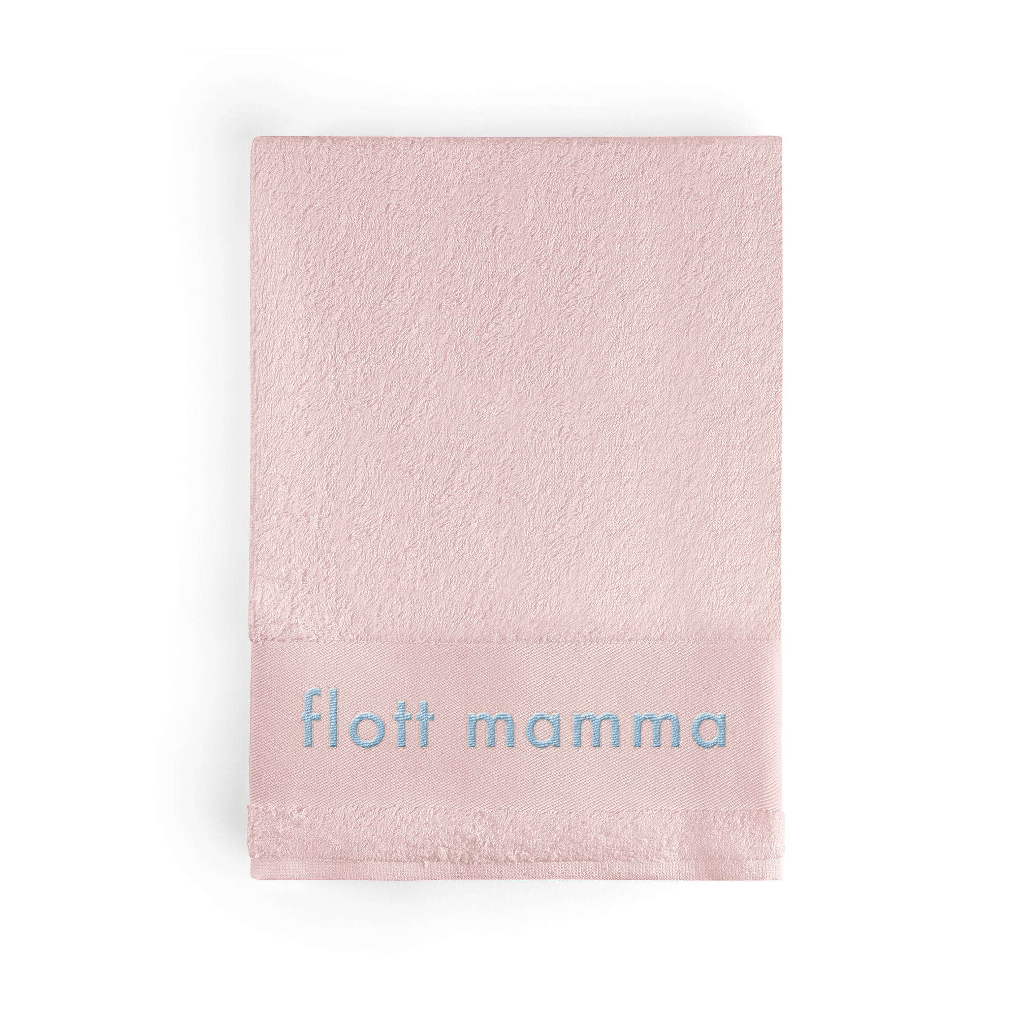 Rosa håndkle med brodert teksten "flott mamma" i blått, perfekt som et brodert håndkle med navn.