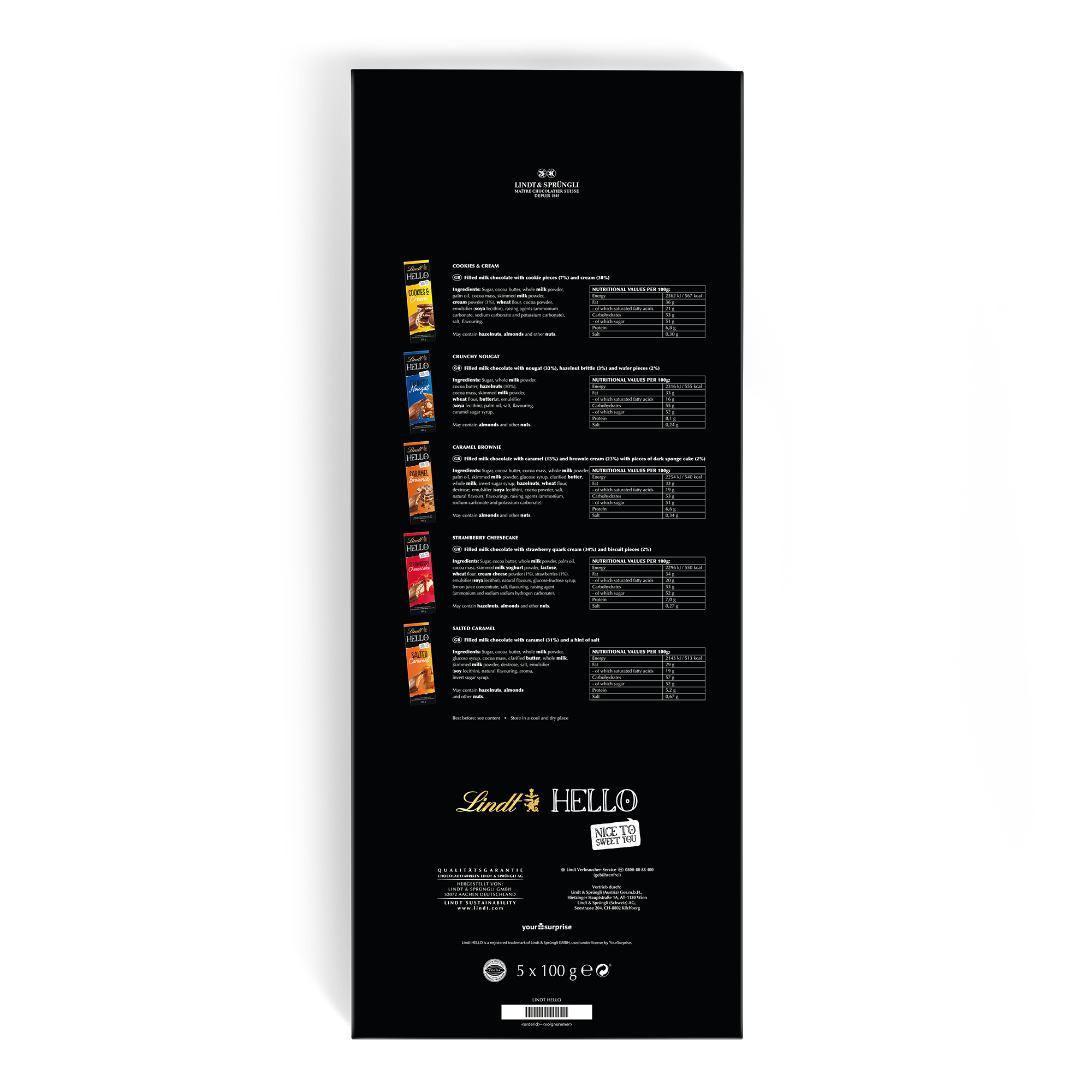 Parte trasera de una barra de chocolate XL Lindt Hello con la información nutricional.