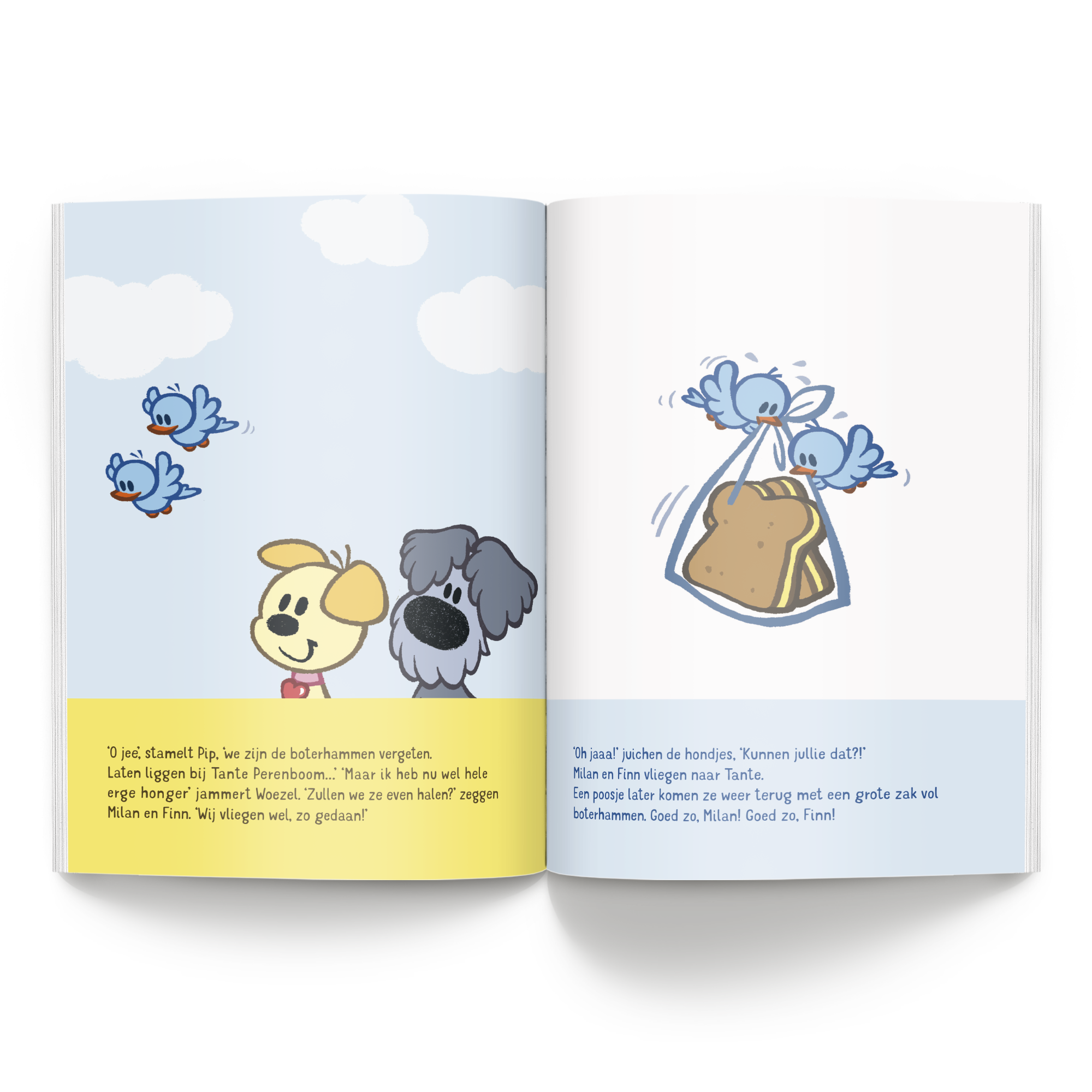 Boek met namen en fotos Woezel en Pip tweelingeditie XL boek (Softcover) met gepersonaliseerde tekst Milan en Finn op de pagina's.