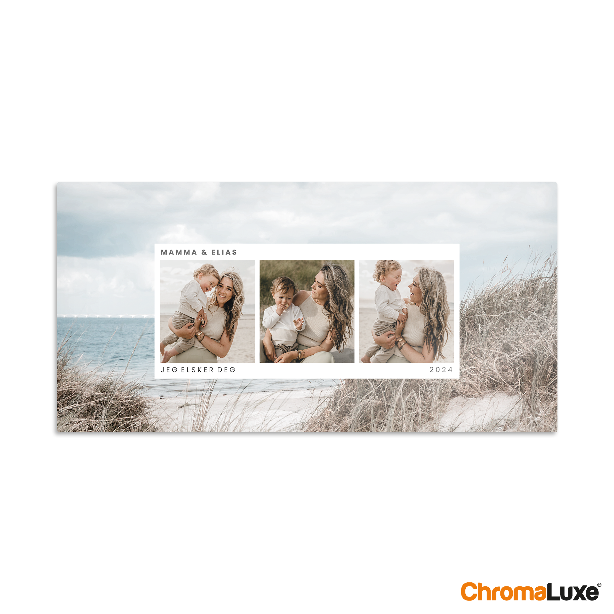 Personlig Chromaluxe aluminium fotoprint med 3 bilder av mor og barn, navn og teksten Jeg elsker deg, 2024