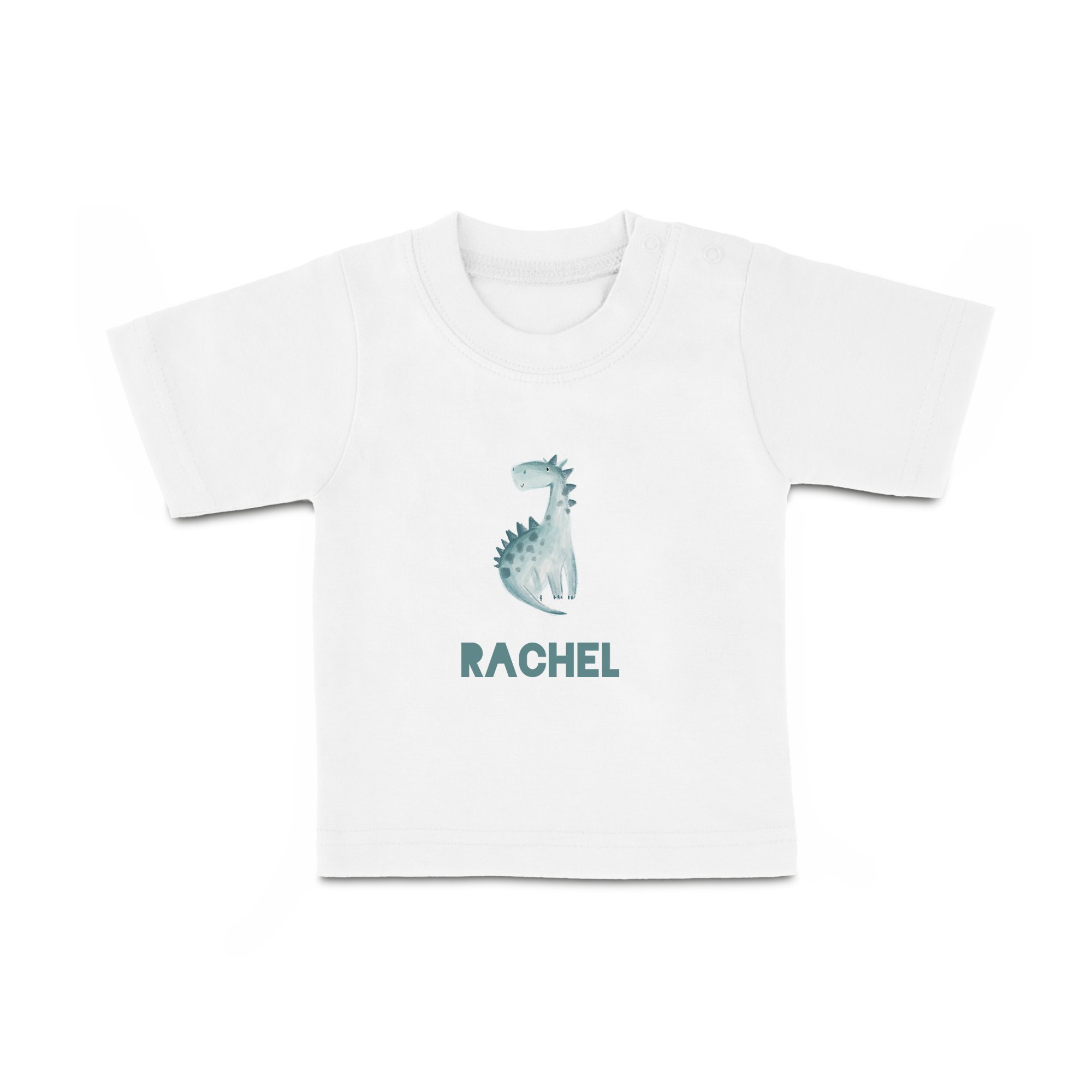 T-shirt bébé blanc imprimé d'un dinosaure et du prénom Rachel, un bout'chou ultra-tendance