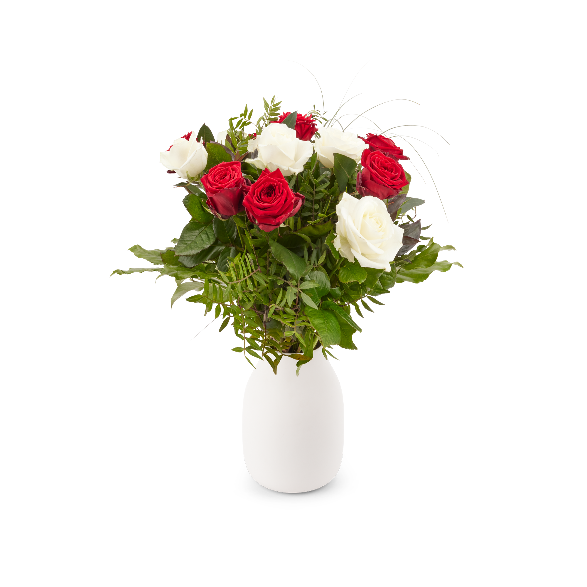 Boeket rode en witte rozen met groen, inclusief een cadeaukaartje met persoonlijke boodschap