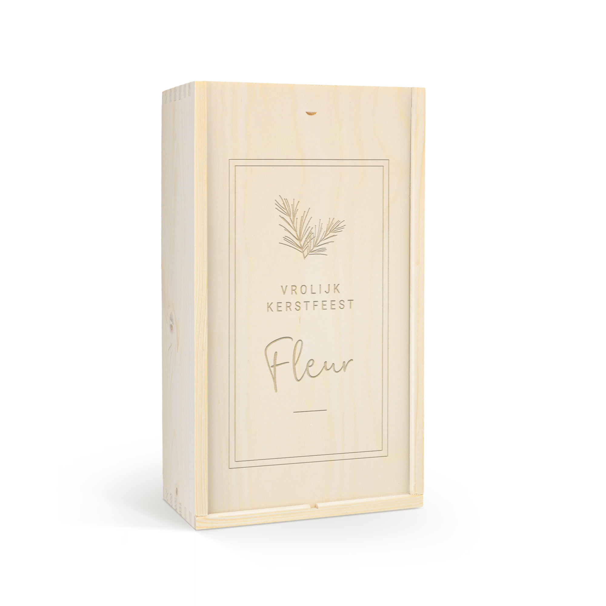 Houten gin-tonic pakket met gegraveerde deksel met 'Vrolijk Kerstfeest' en naam Fleur