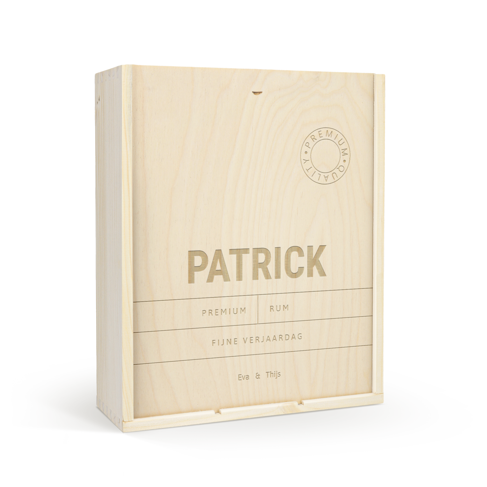 Eine edle Holzkiste mit persönlicher Gravur für Flasche und 2 Weingläser, mit dem Namen PATRICK und dem Text FIJNE VERJAARDAG, Eva & Thijs, individualisierbar