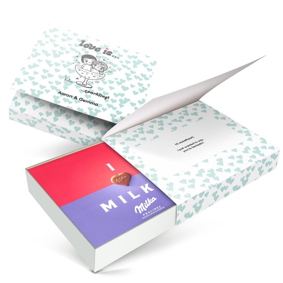 Caja de regalo Milka personalizada - Love is .. Caja de regalo Milka personalizada - Love is ..