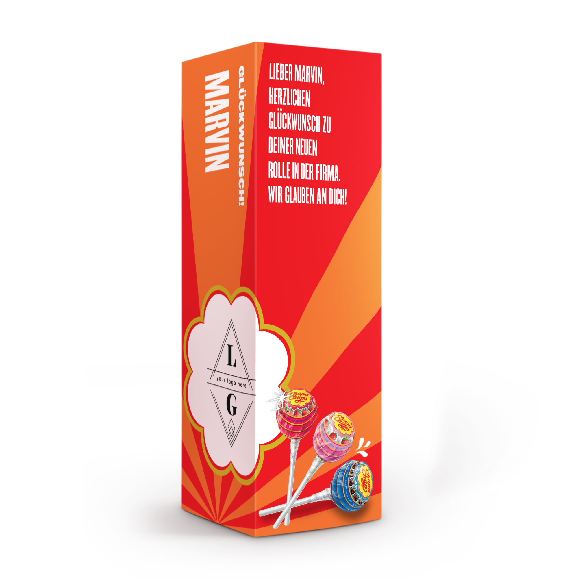 Personalisierte Chupa Chups-Geschenkbox in Rot und Orange, bedruckt mit dem Namen Marvin und einer Glückwunschbotschaft, schafft süße Erinnerungen.