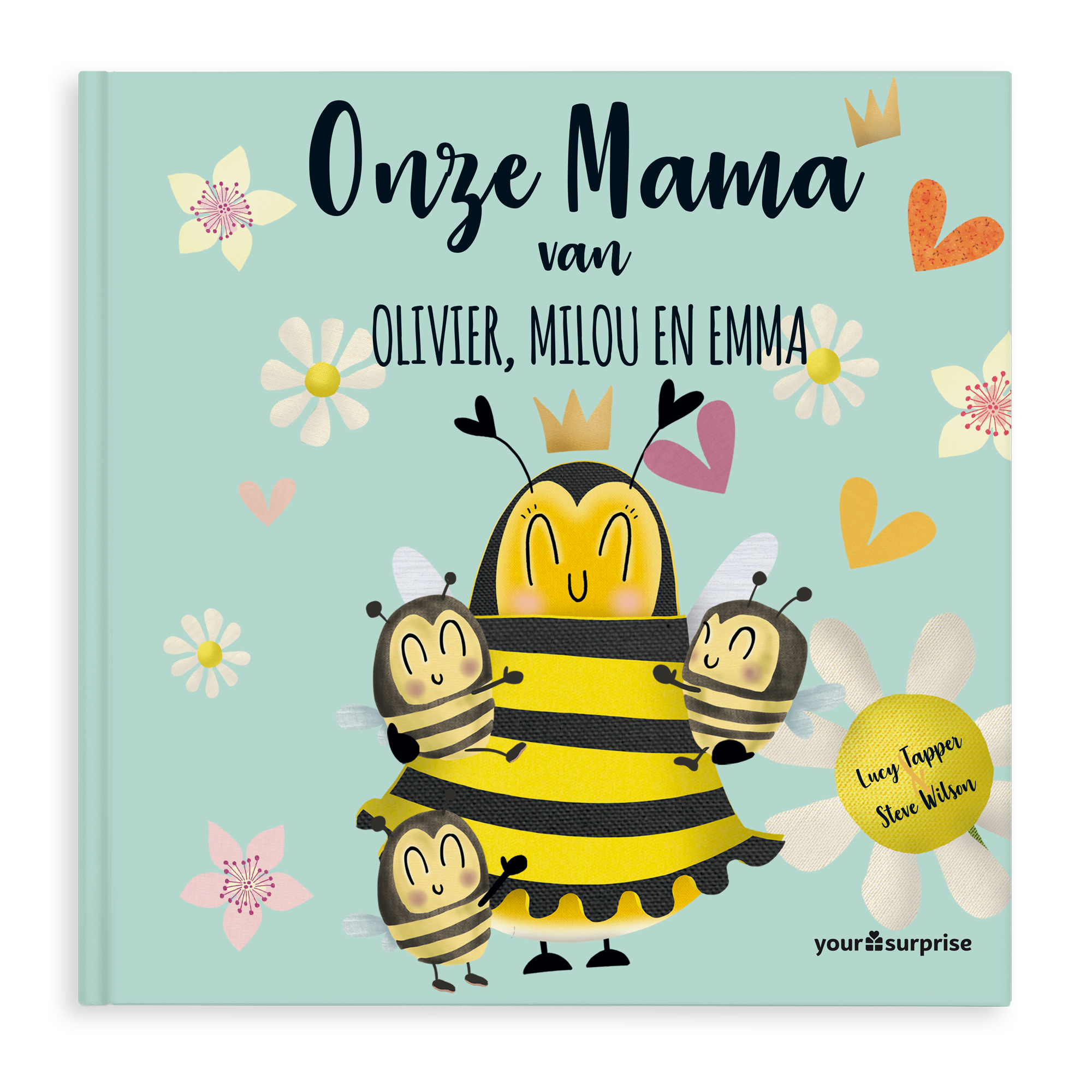 Kinderboek 'Onze Mama' gepersonaliseerd met namen en een tekening van een bijenfamilie om te laten zien hoeveel jouw mama voor je betekent