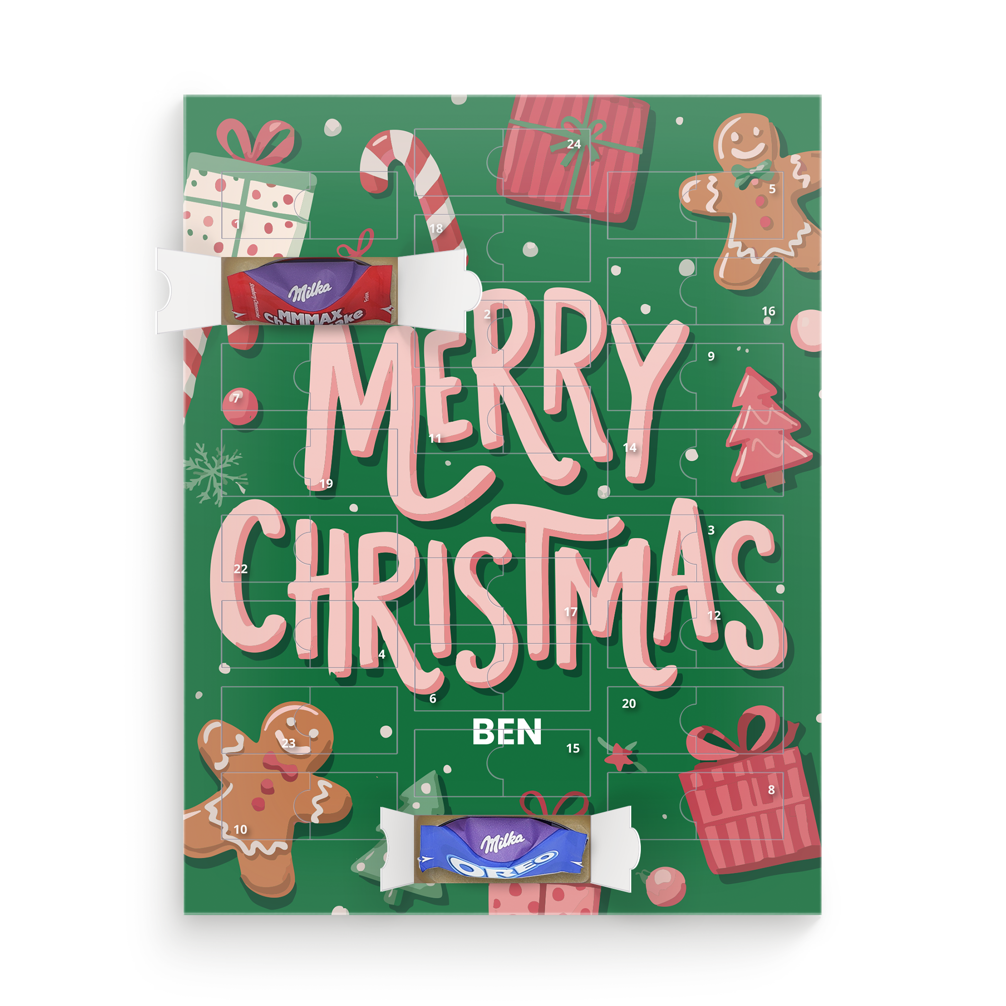 Personalisierter Adventskalender - Milka Favourites mit Aufschrift "Merry Christmas" und dem Namen "Ben", bedruckt mit winterlichen Motiven.