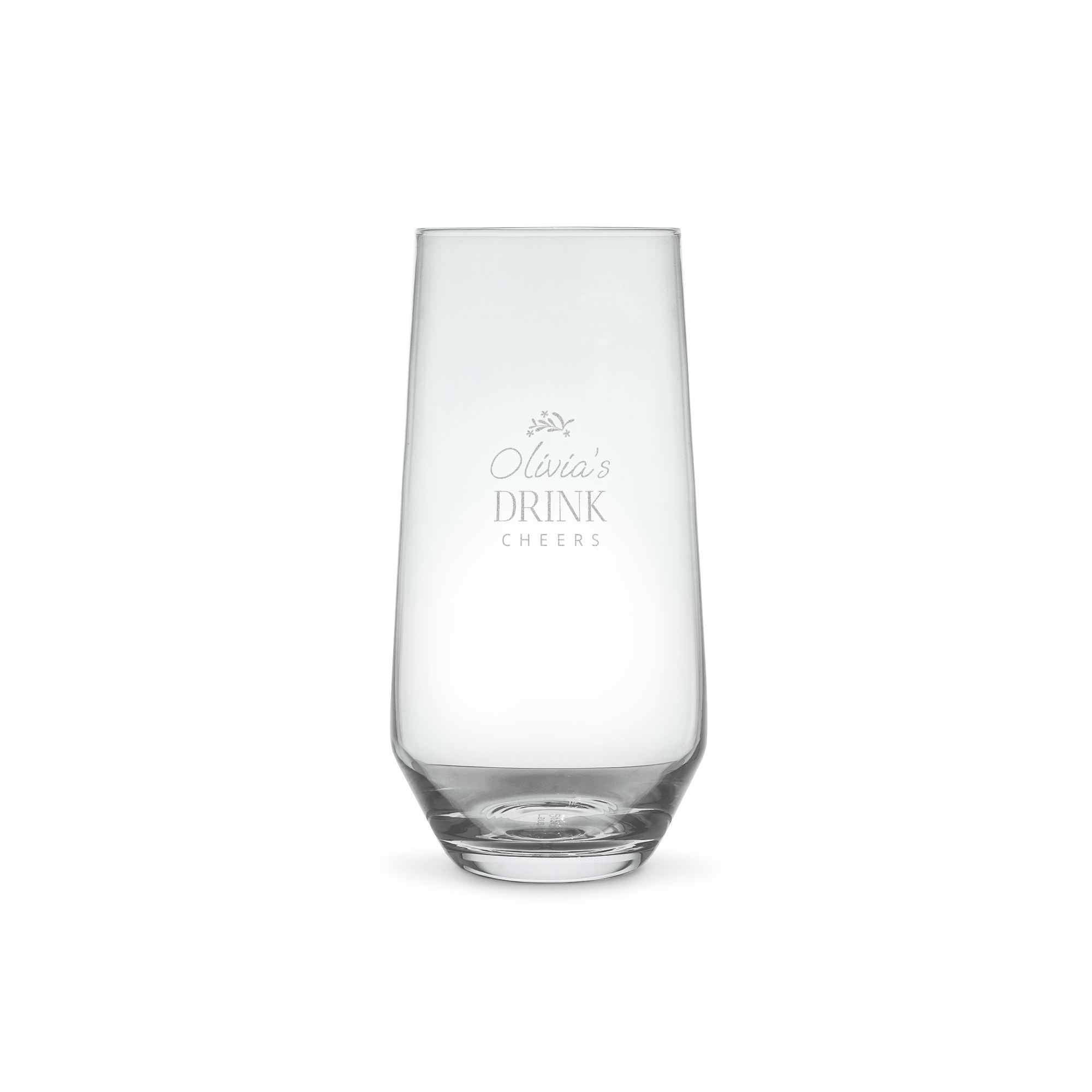 Personalisiertes Trinkglas graviert mit Olivia's Drink Cheers als einzigartiges Andenken.