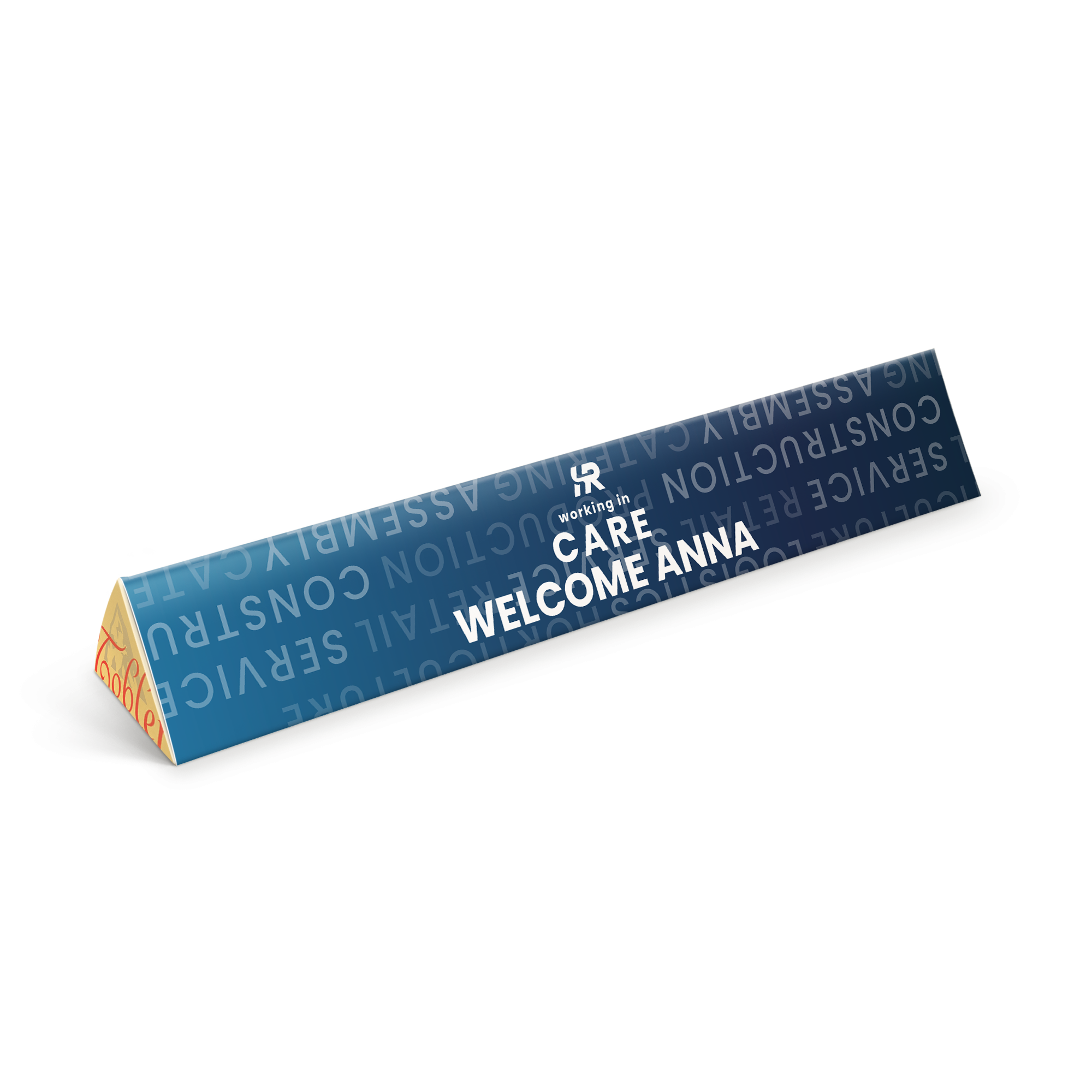 Personalised Toblerone chocolate bar with a blue wrapper printed with "Welcome Anna"