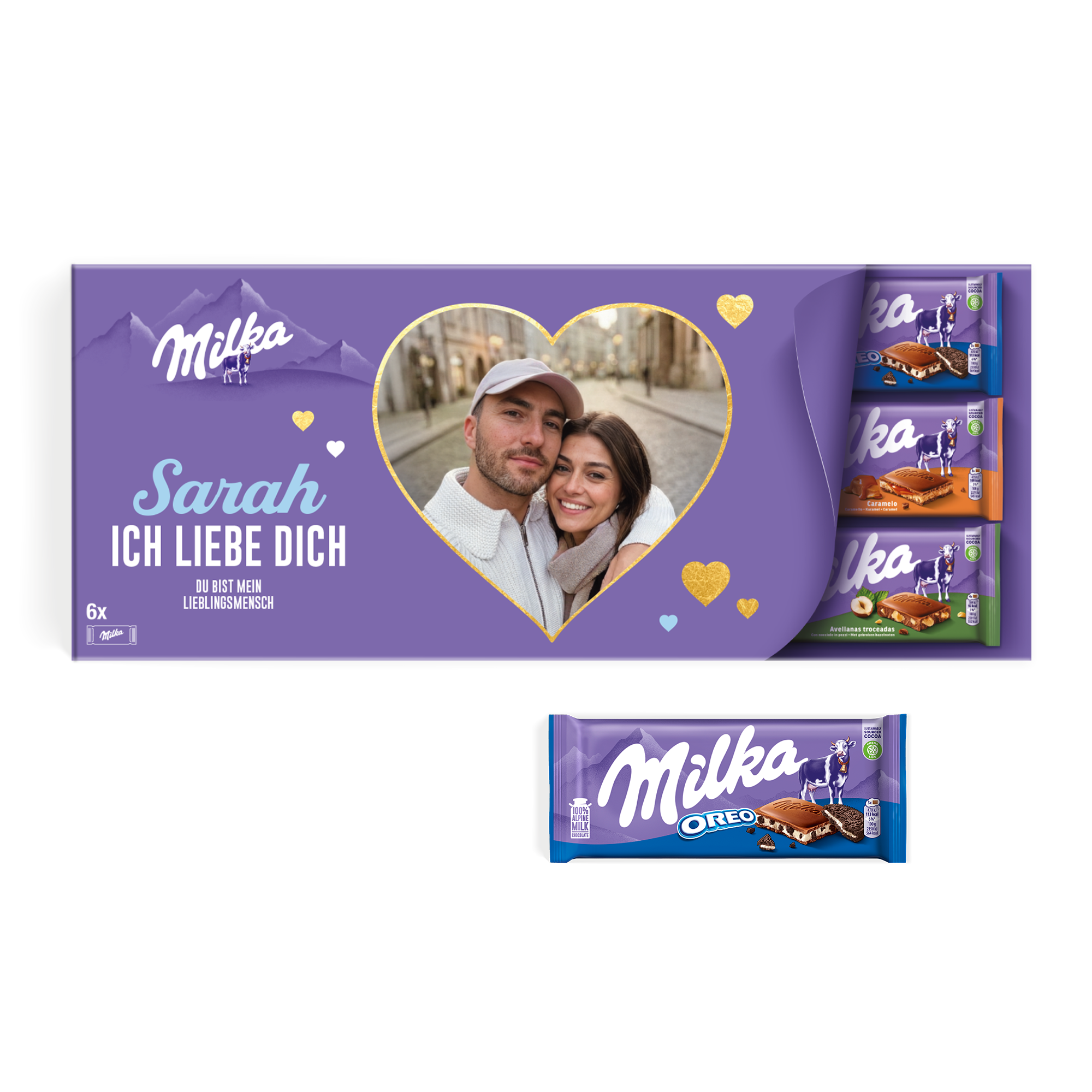 Riesen Milka Schokolade personalisieren mit Foto & Name - 6 Tafeln. Lila Box mit individuellem Foto, Name "Sarah" und Text "ICH LIEBE DICH DU BIST MEIN LIEBLINGSMENSCH", dazu verschiedene Milka Schokoladen.