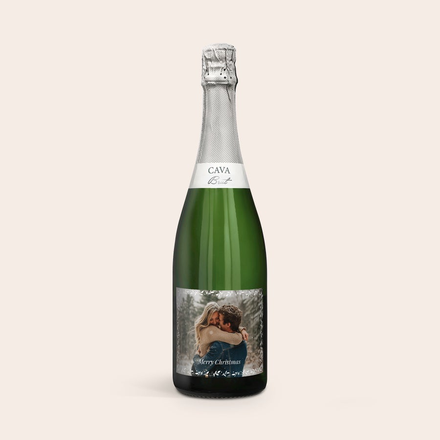 Personalizowana Cava Palau Gazo Brut Butelka wina musującego Cava Palau Gazo z personalizowaną etykietą ze zdjęciem pary i tekstem Merry Christmas