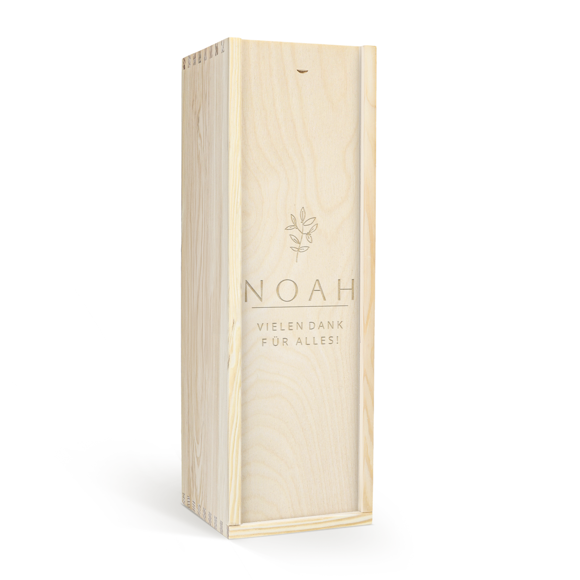 Luxuriöse Holzkiste mit graviertem Namen Noah und dem Text Vielen Dank für alles als Weingeschenk