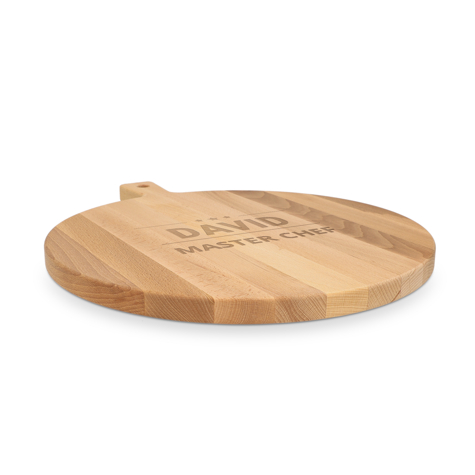Tabla redonda de madera clara grabada con el nombre "DAVID" y "MASTER CHEF", personalizada con un nombre a elección.