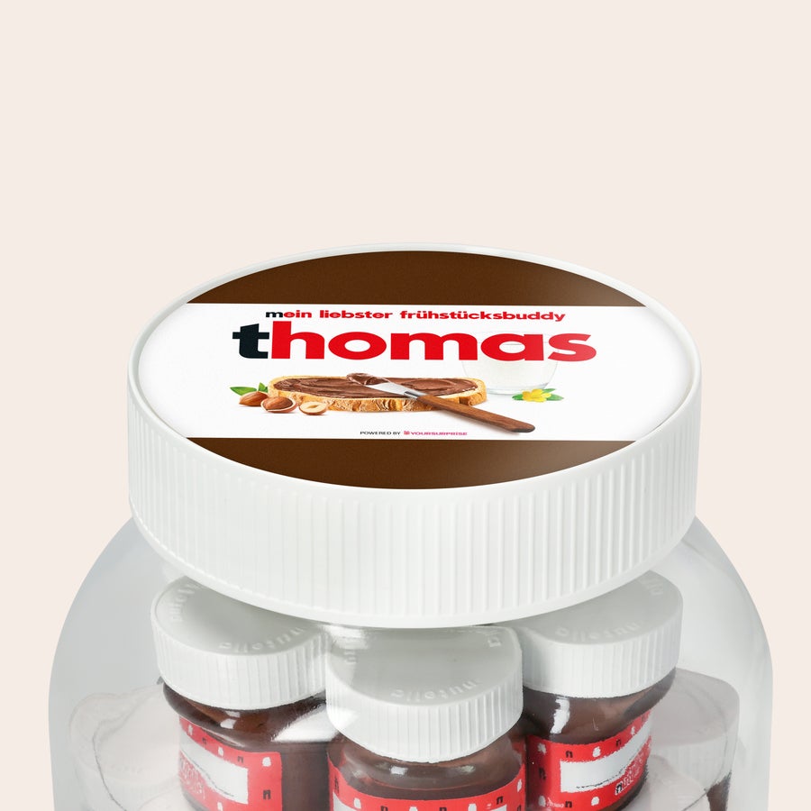 Personalisiertes nutella® Glas XL mit Namen und Foto Personalisiertes nutella® Glas XL mit Namen und Foto, bedruckt mit dem Namen Thomas und einem Foto von nutella auf Brot.