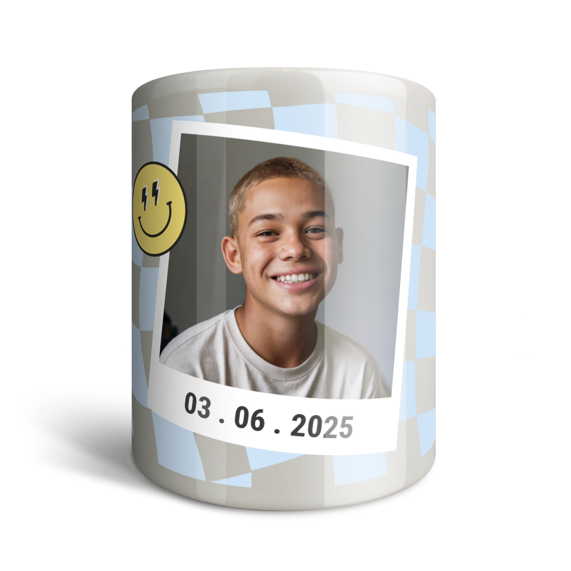 Keramik Spardose bedruckt mit lächelndem Jungen und Datum 03.06.2025, ideales Geschenk zur Kommunion