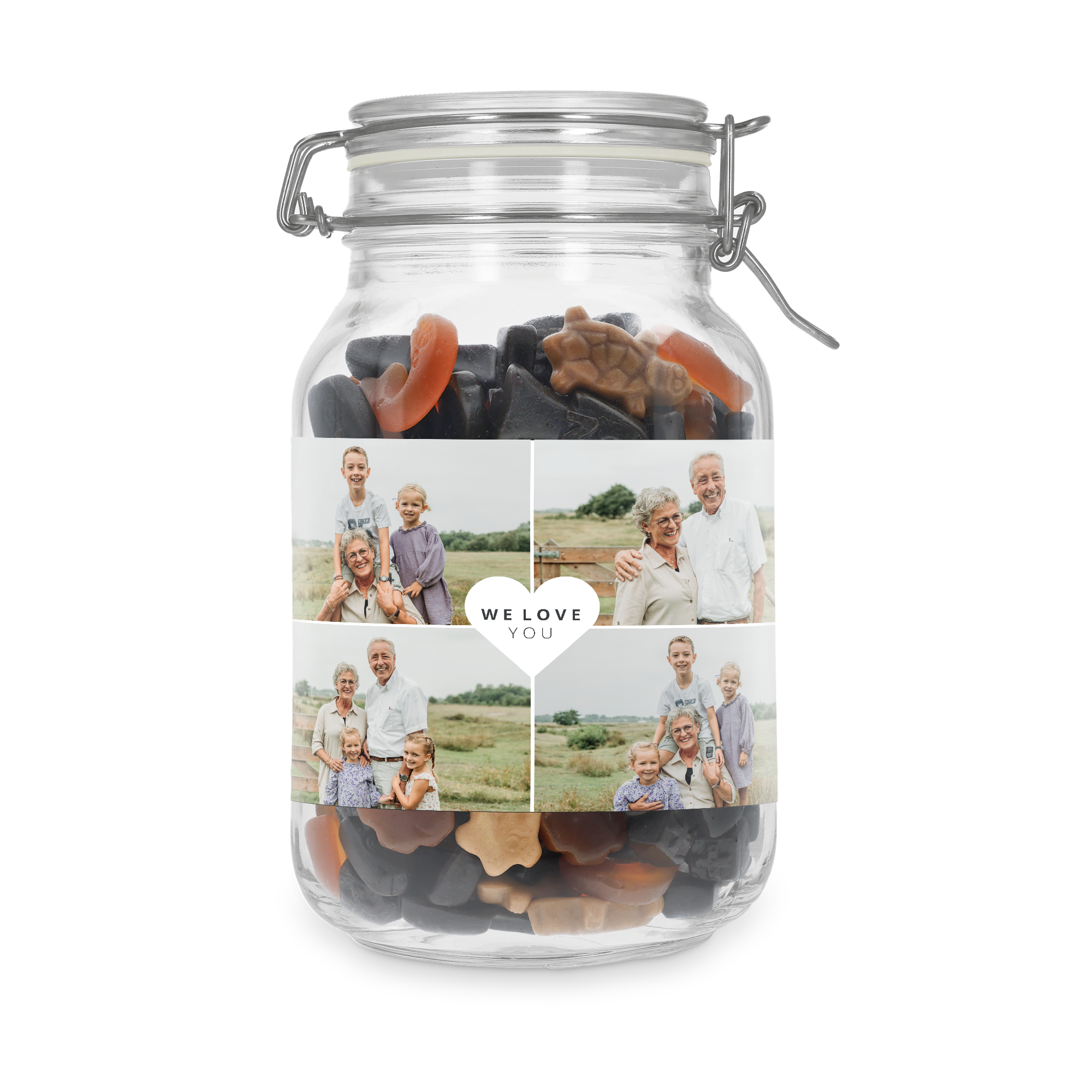 Personalisiertes Bonbonglas mit Lakritzmischung, bedruckt mit fünf Fotos und der Aufschrift We Love You